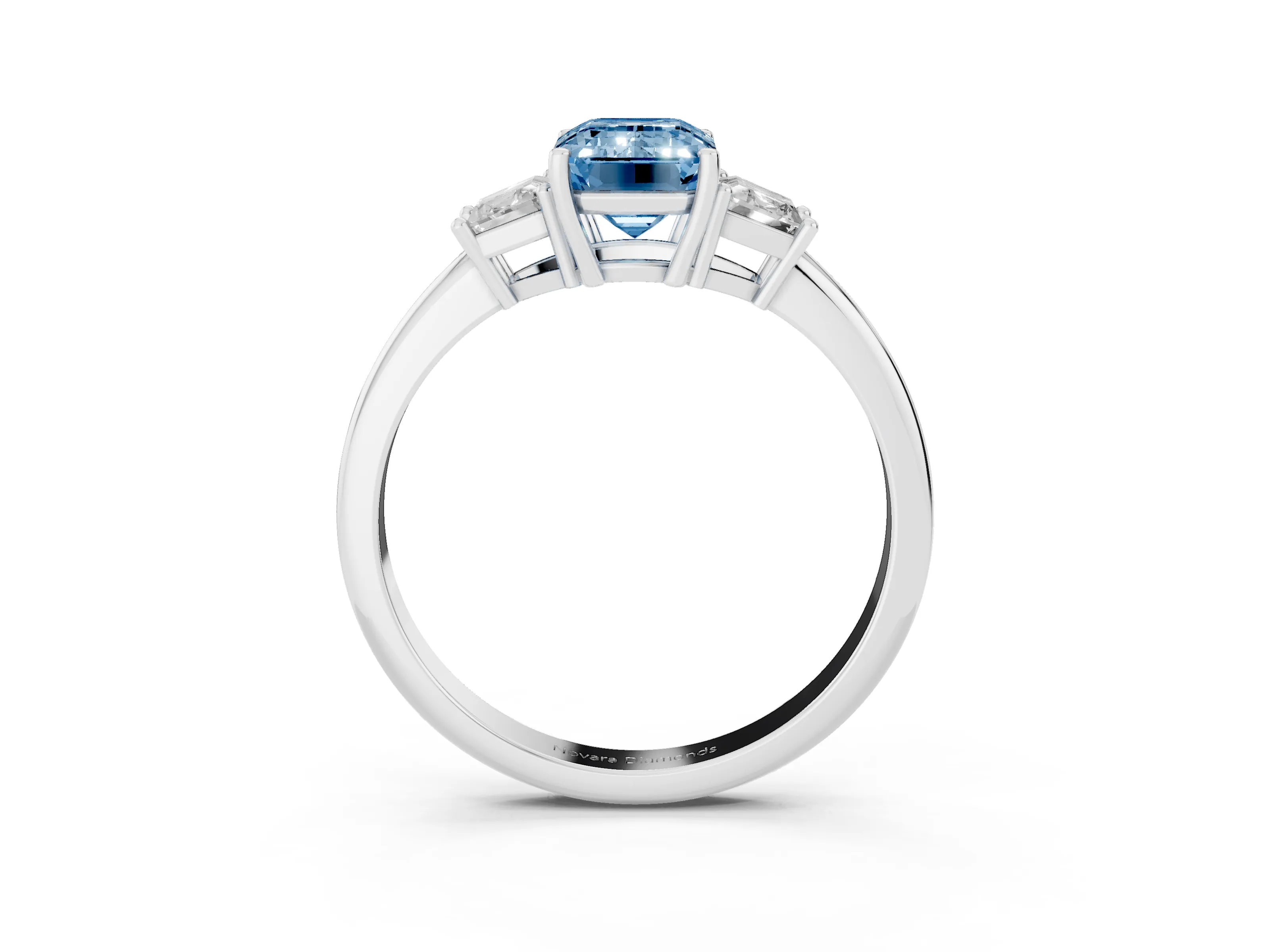 Fancy Blue Emerald Cut Diamond Three-Stone Ring Set in Silver with Trapezoid Side Stones and Prong Setting
