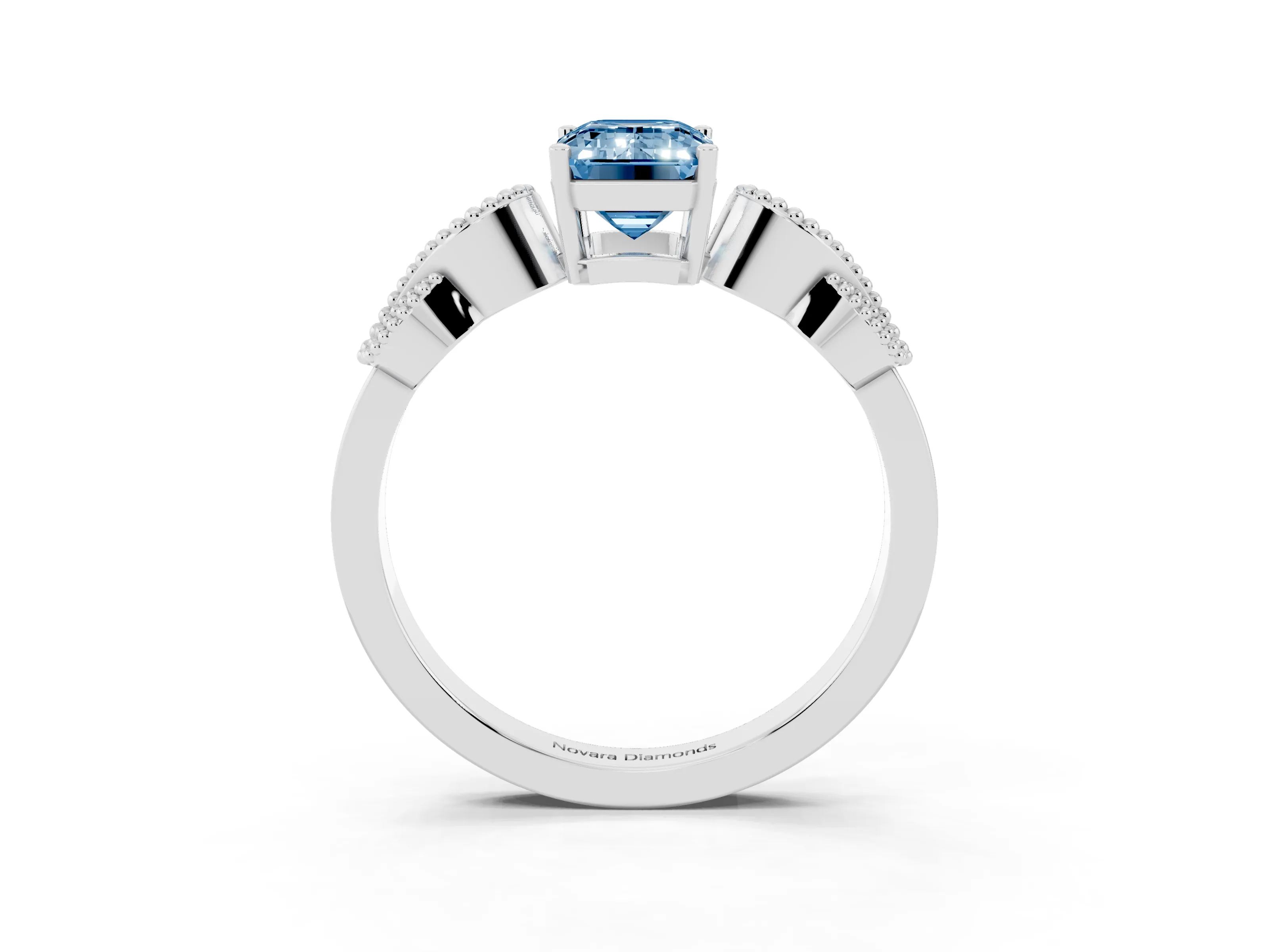 Fancy Blue Emerald Cut Diamond Milgrain Leaf Band Solitaire Ring Set in White gold with Accent Stones and Prong Setting