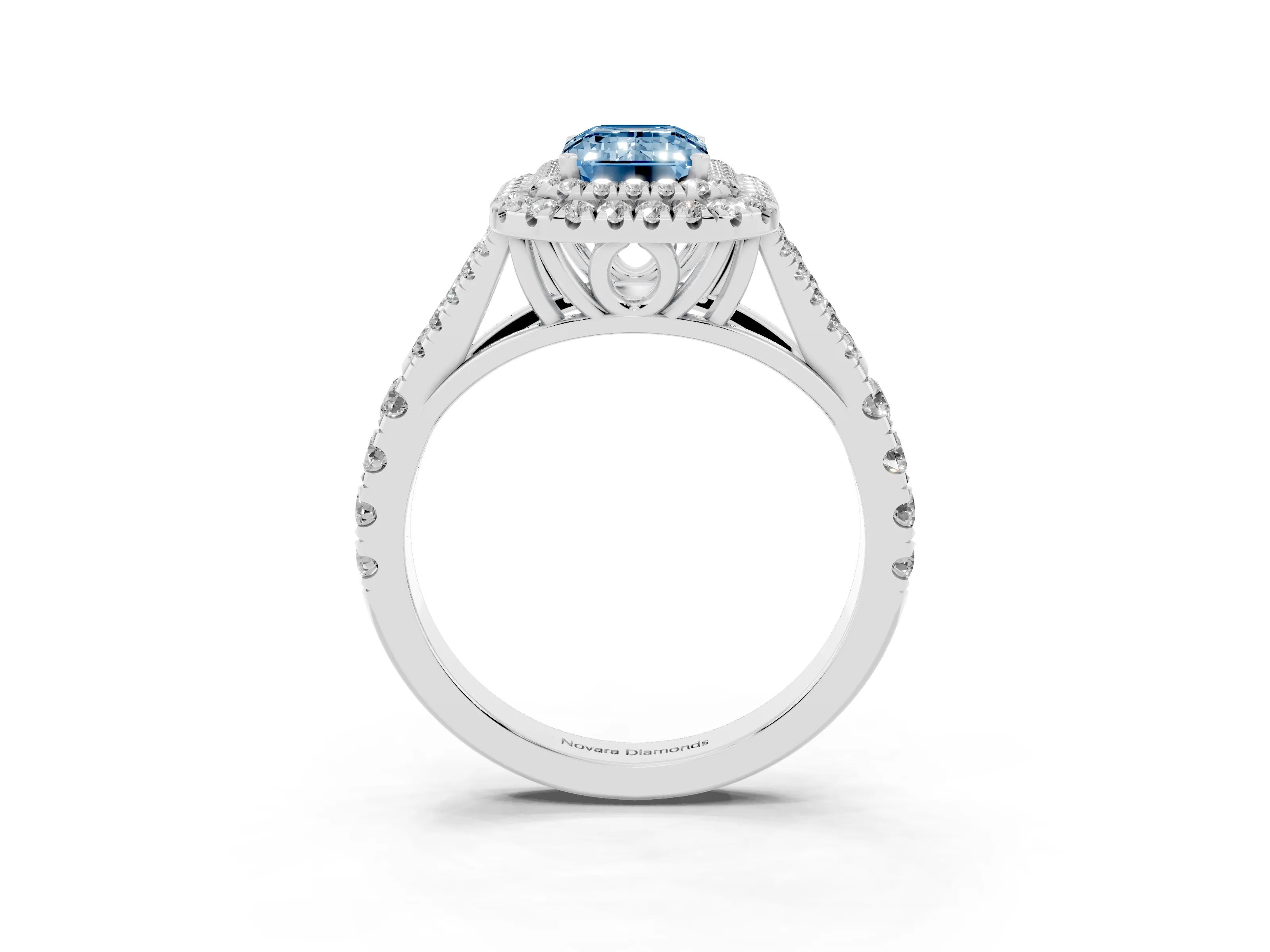 Fancy Blue Emerald Cut Diamond Pavé Split Shank Double Halo Engagement Ring Set in Platinum