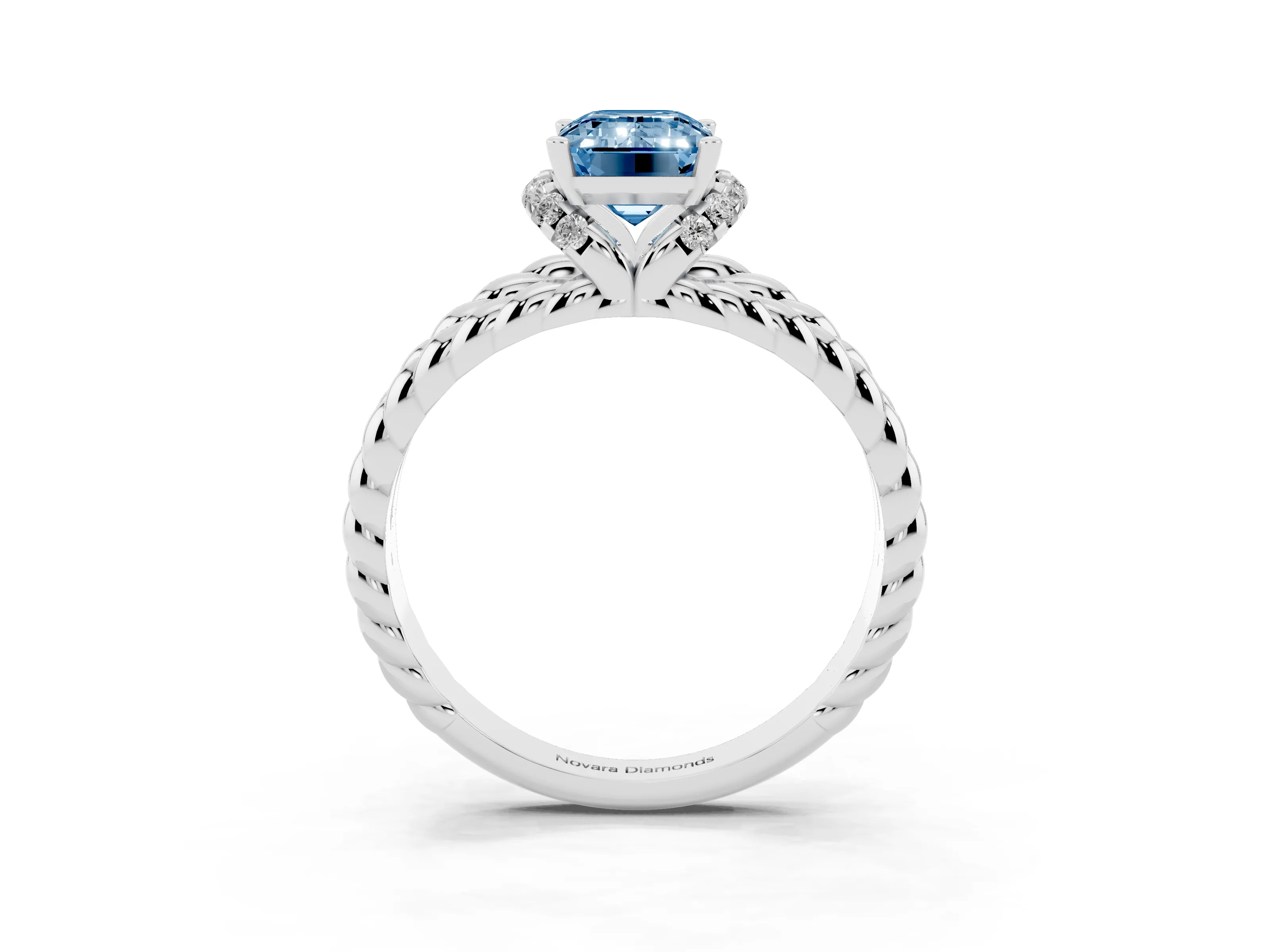 Fancy Blue Emerald Cut Diamond Halo Ring Set in Platinum with Twisted Band and Prong Setting