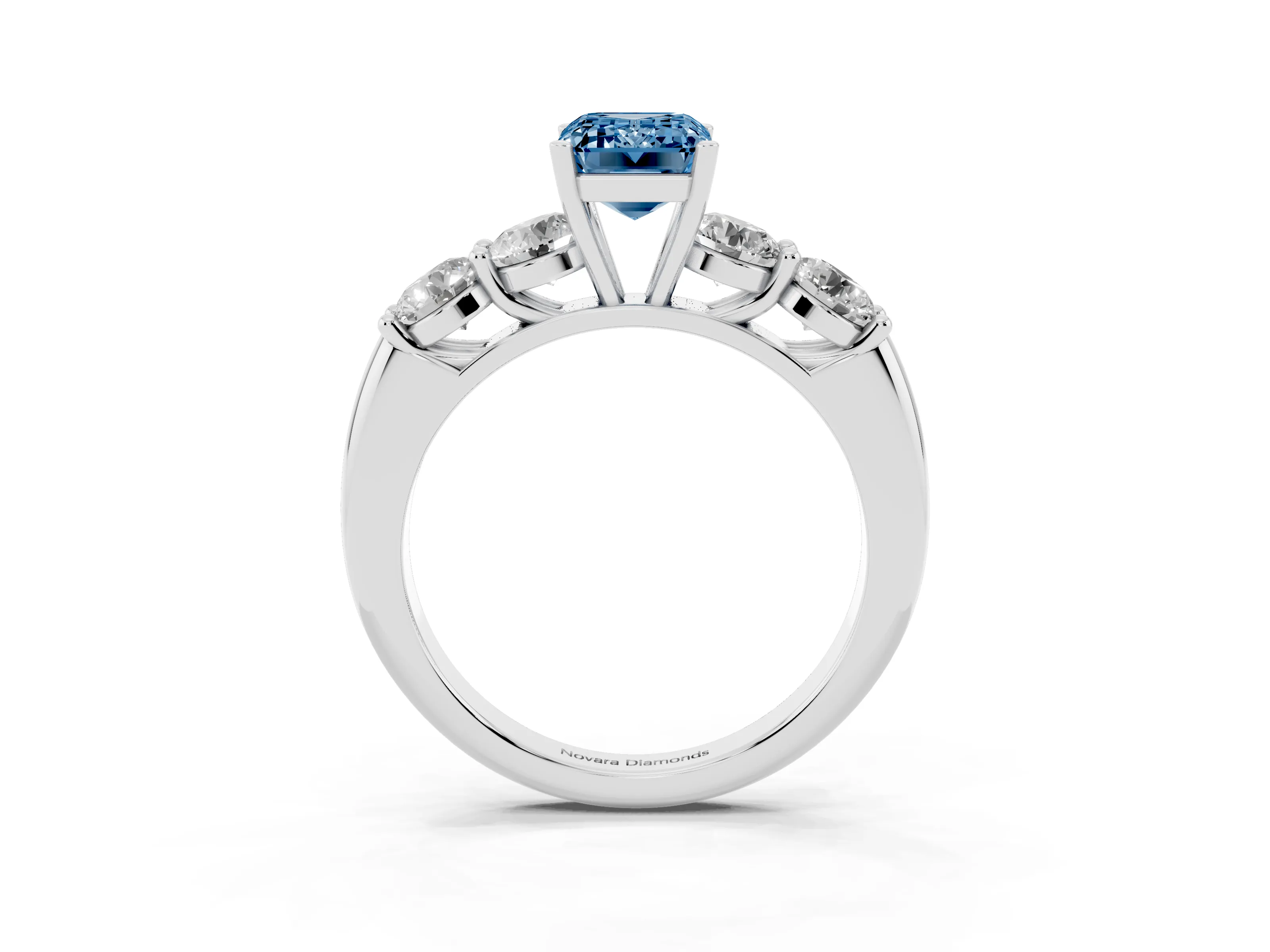 Fancy Blue Emerald Cut Diamond Five-Stone Prong Set Ring Set in Silver with Classic Band