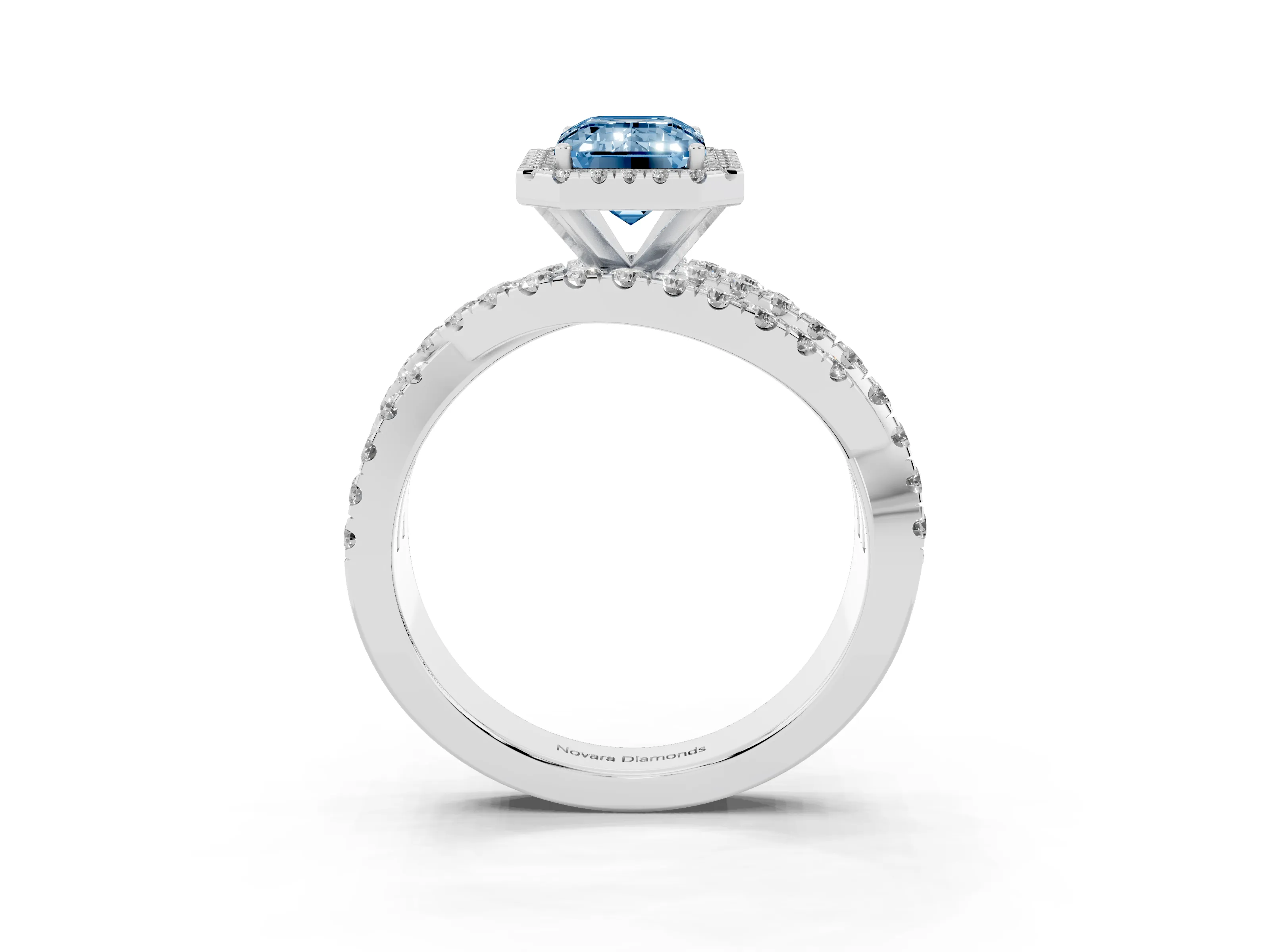 Fancy Blue Emerald Cut Diamond Halo Ring Set in Platinum with Round Crossover Split Shank and Prong Setting