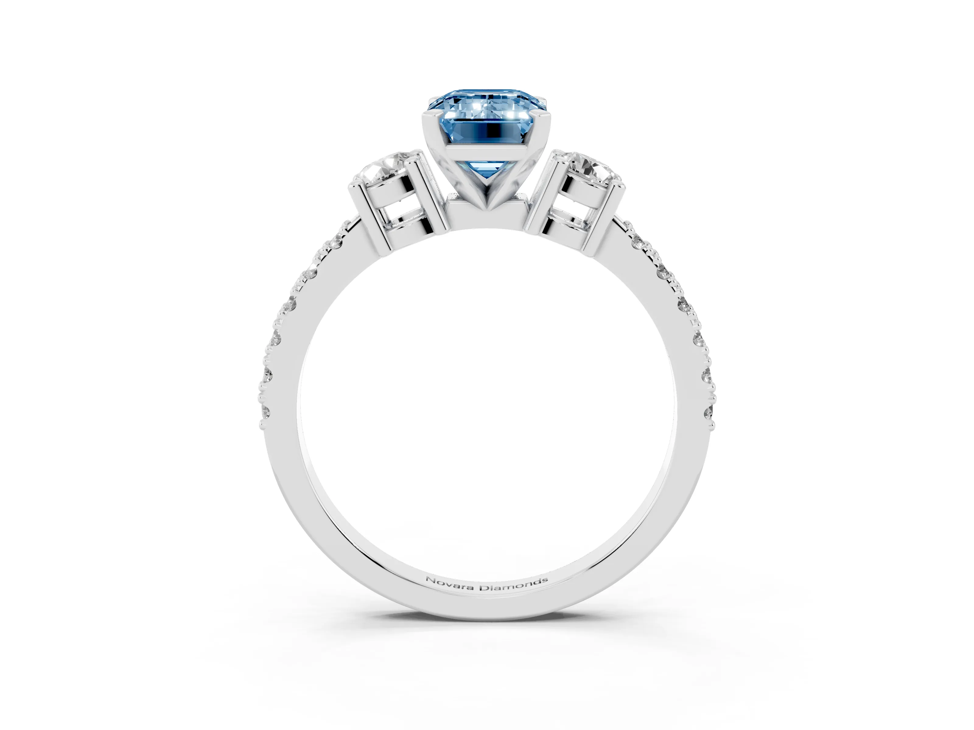 Fancy Blue Three-Stone Emerald Cut Diamond Pavé Band Ring Set in Silver with Prong Setting
