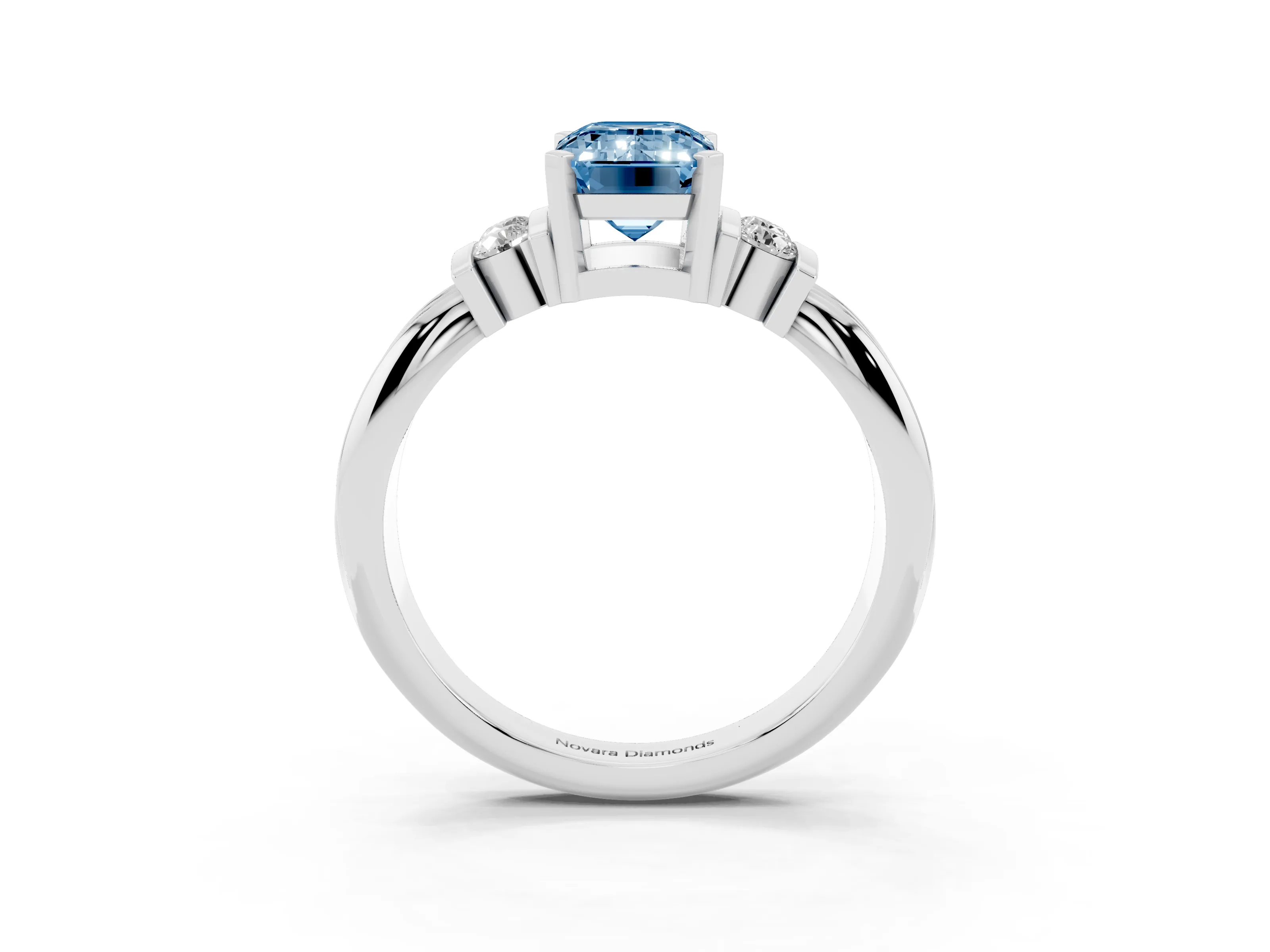 Fancy Blue Three-Stone Emerald Cut Diamond Channel Set Ring Set in Silver with Bar Prongs