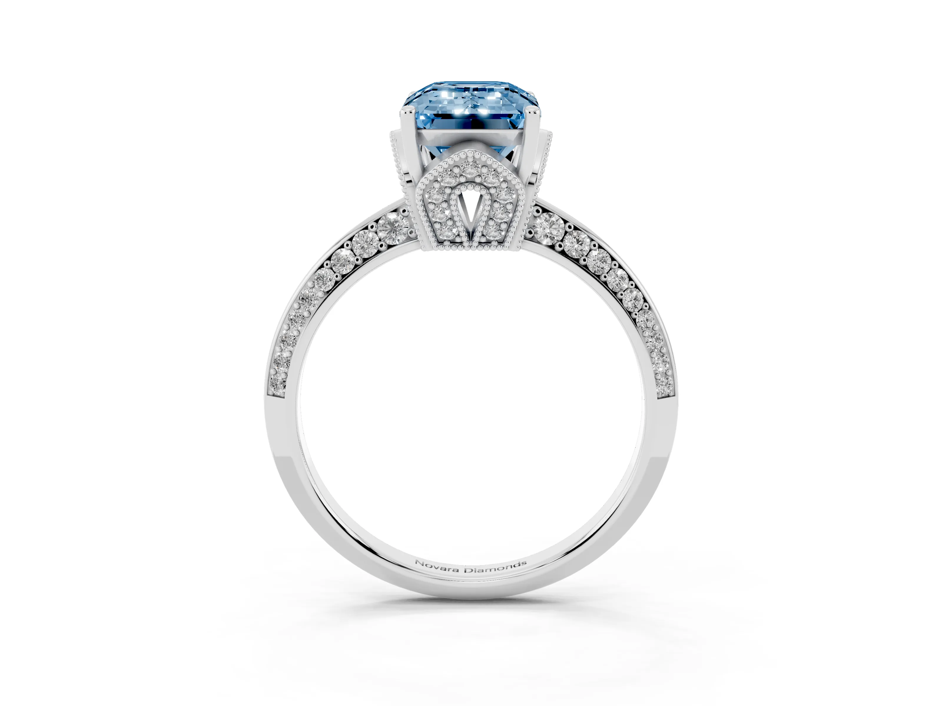Fancy Blue Emerald Cut Diamond Solitaire Engagement Ring Set in Platinum with Pavé Split Shank and Prong Setting