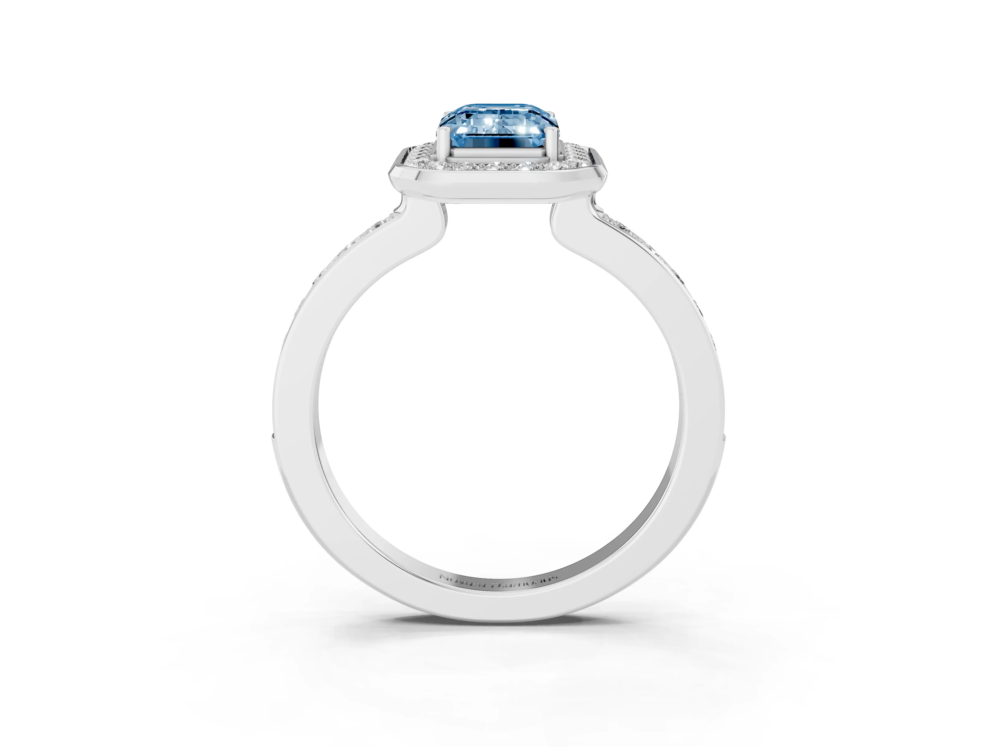 Fancy Blue Emerald Cut Diamond Halo Ring Set in White gold with Bezel Frame and Pavé Band