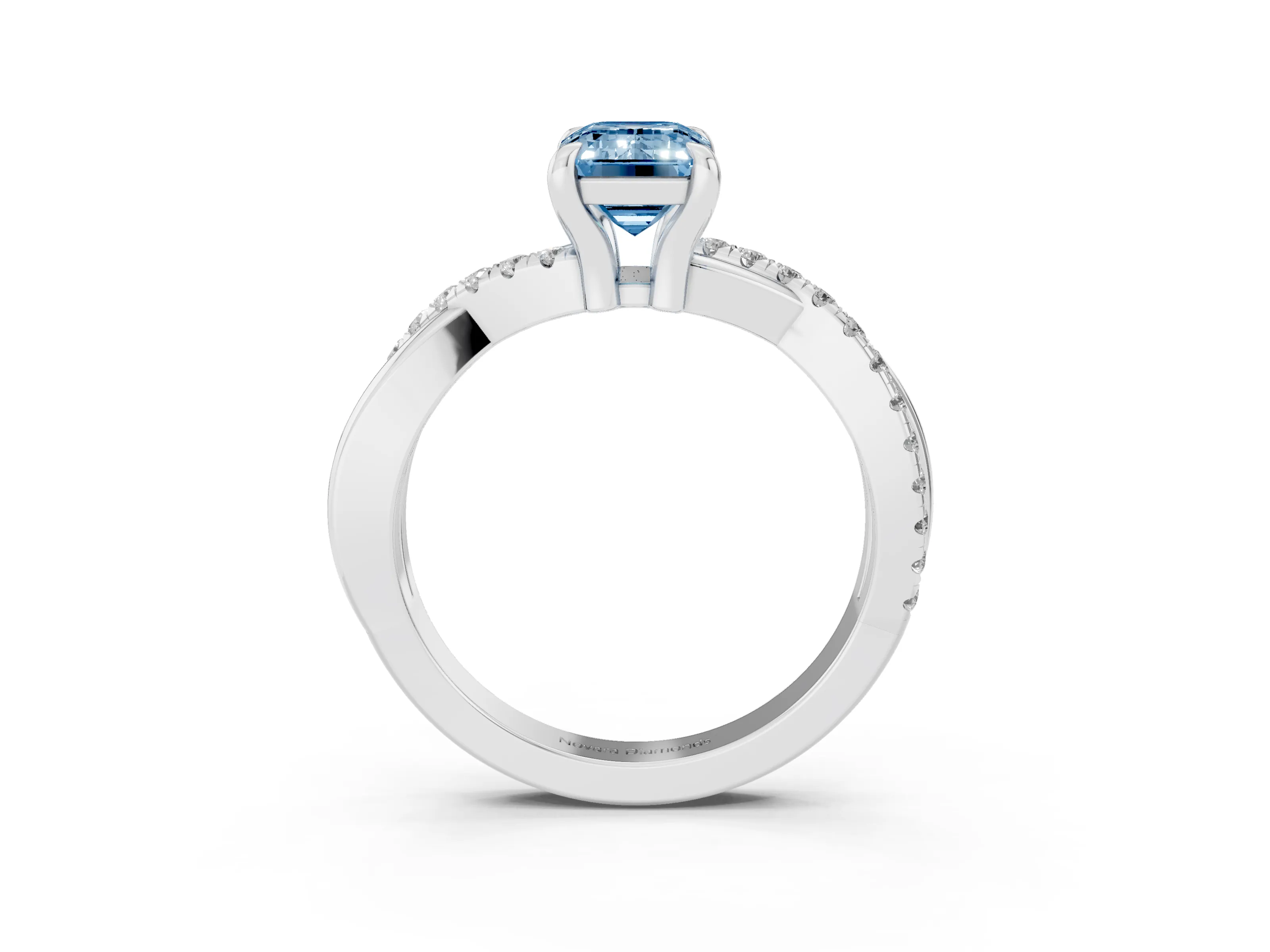 Fancy Blue Emerald Cut Diamond Twist Band Pavé Solitaire Ring Set in Silver with Prong Setting