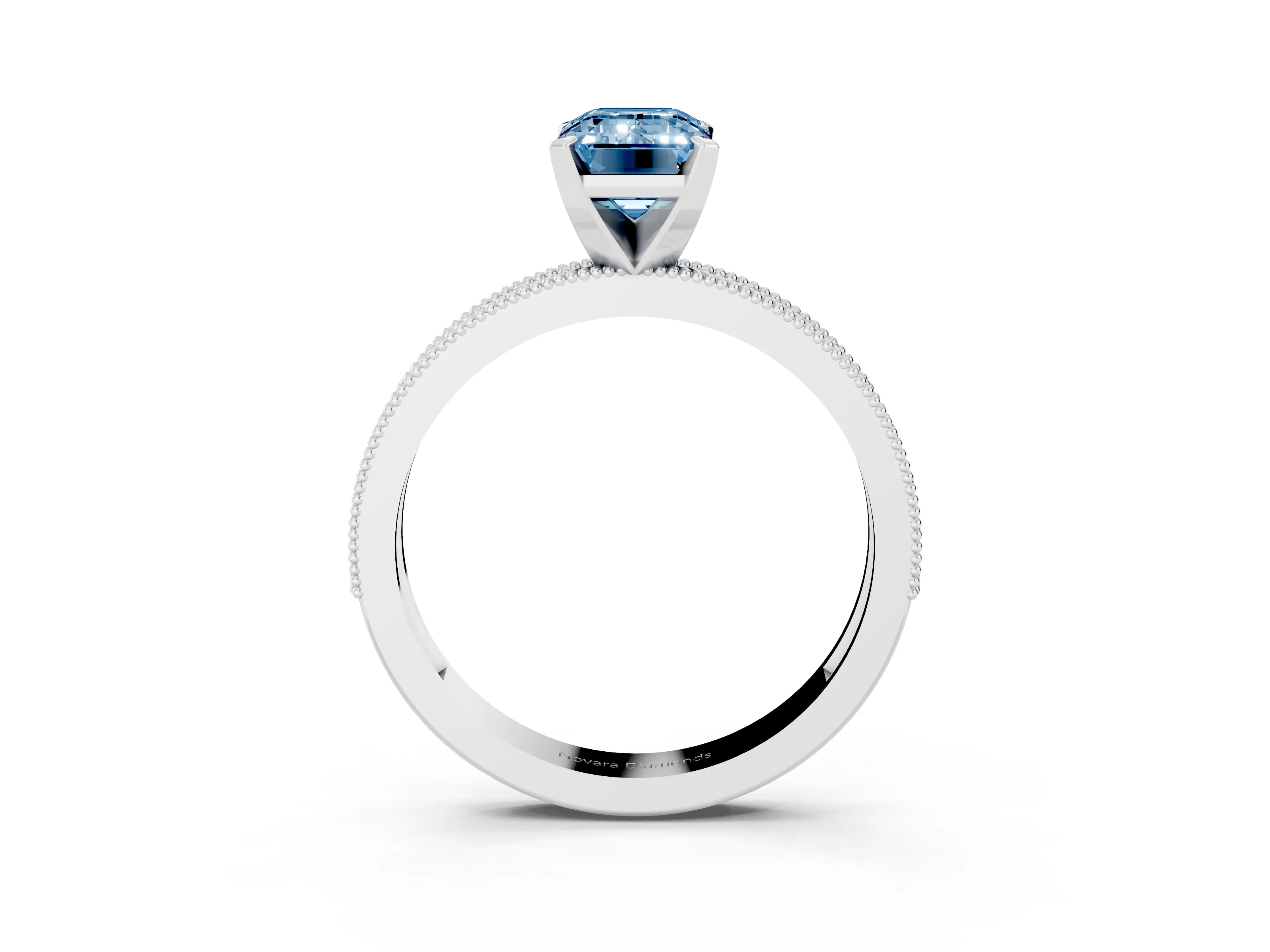 Fancy Blue Emerald Cut Diamond Milgrain Pavé Engagement Ring Set in Silver with Prong Setting