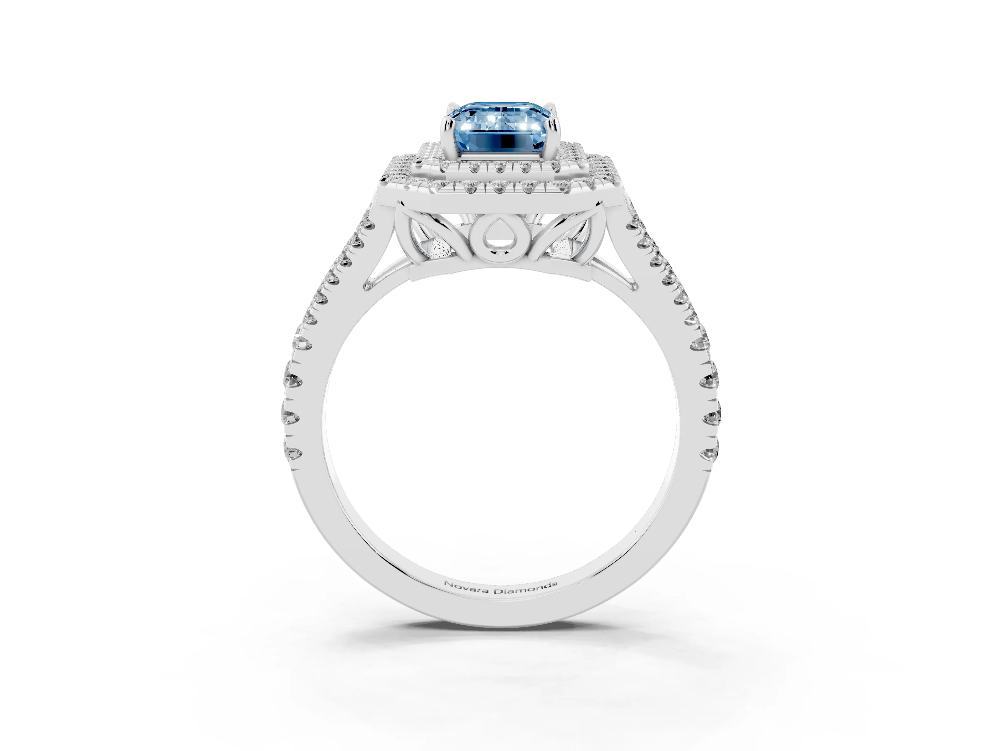 Fancy Blue Emerald Cut Diamond Double Halo Ring Set in White gold with Pavé Band