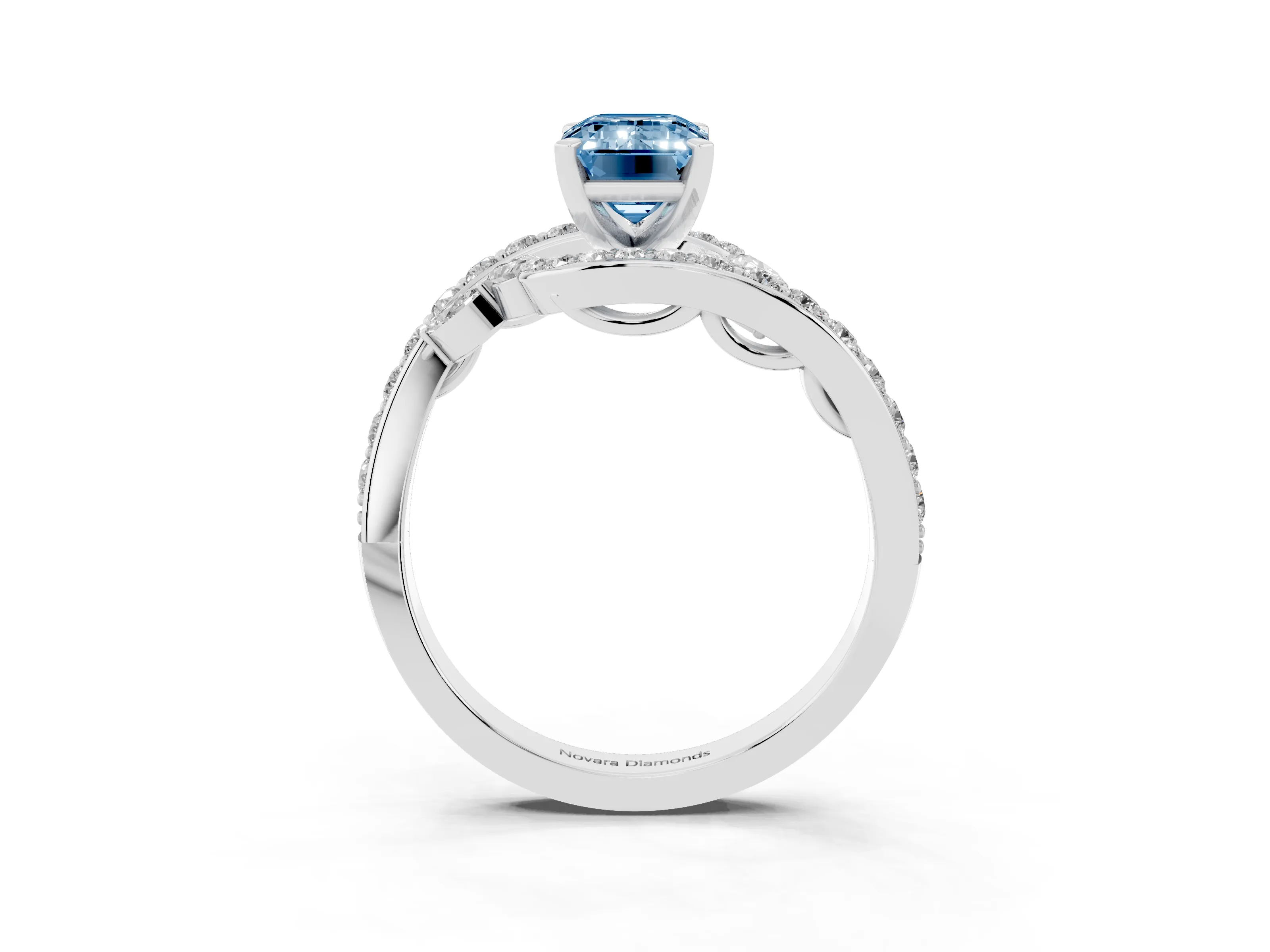 Fancy Blue Emerald Cut Diamond Solitaire Ring Set in Platinum with Pavé Twist Band and Secure Prong Setting