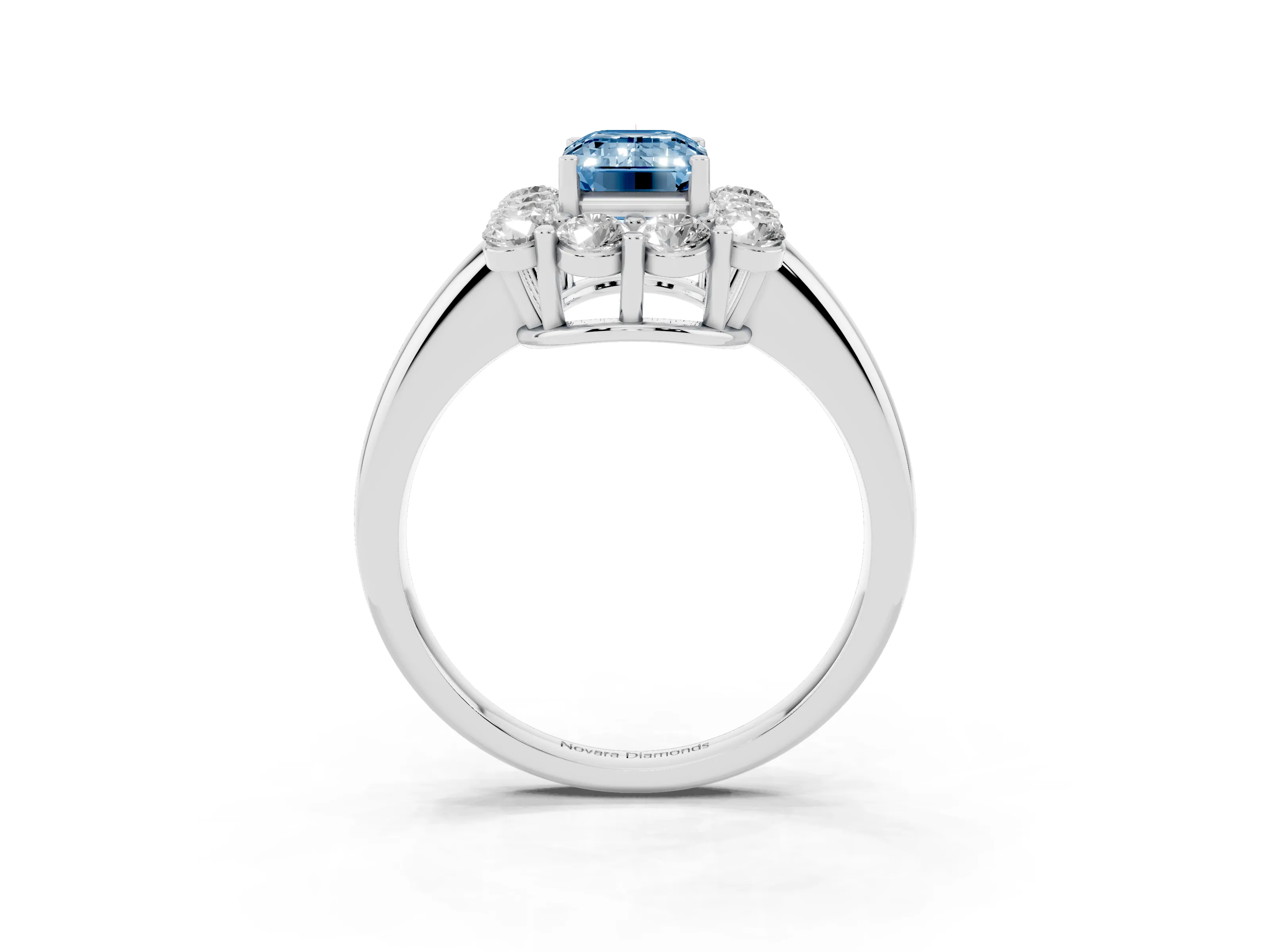 Fancy Blue Emerald Cut Diamond Halo Cluster Engagement Ring Set in White gold with Polished Band and Prong Setting