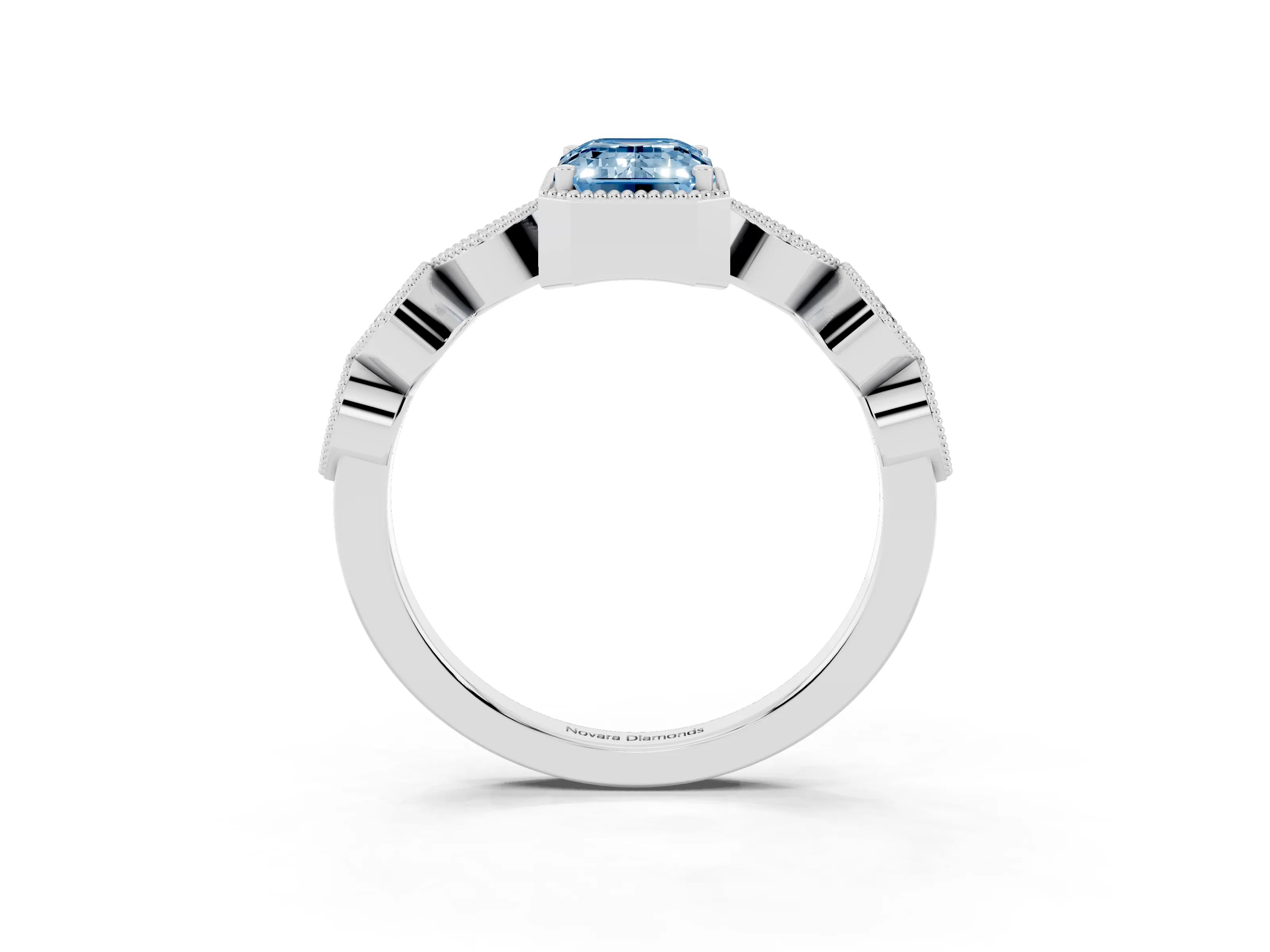 Fancy Blue Emerald Cut Diamond Vintage-Inspired Milgrain Ring Set in Platinum with Marquise Stations of Round Accents