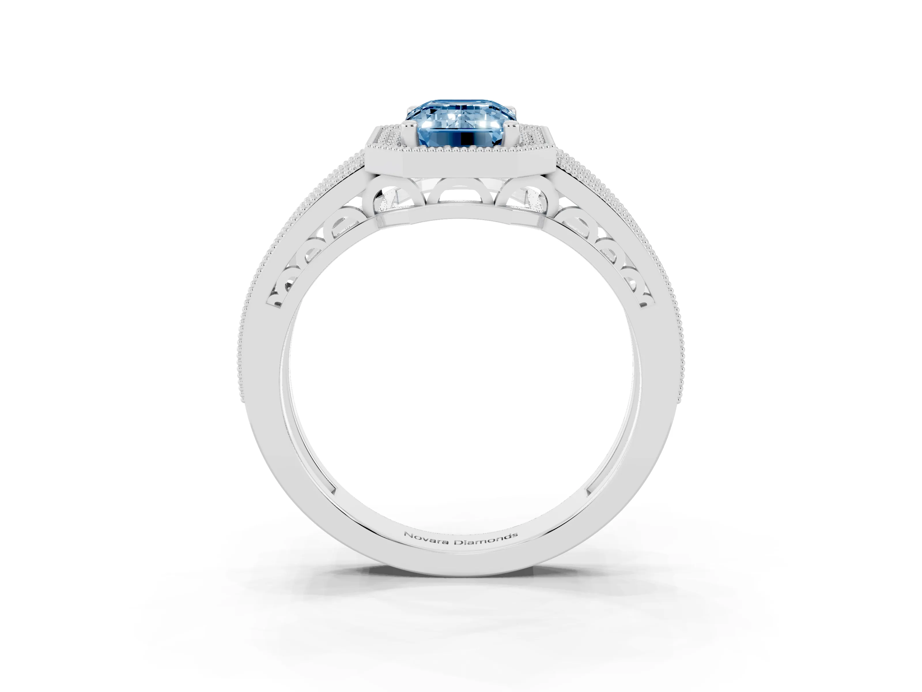 Fancy Blue Emerald Cut Diamond Halo Ring Set in Silver with Accent Split Shank and Prong Setting