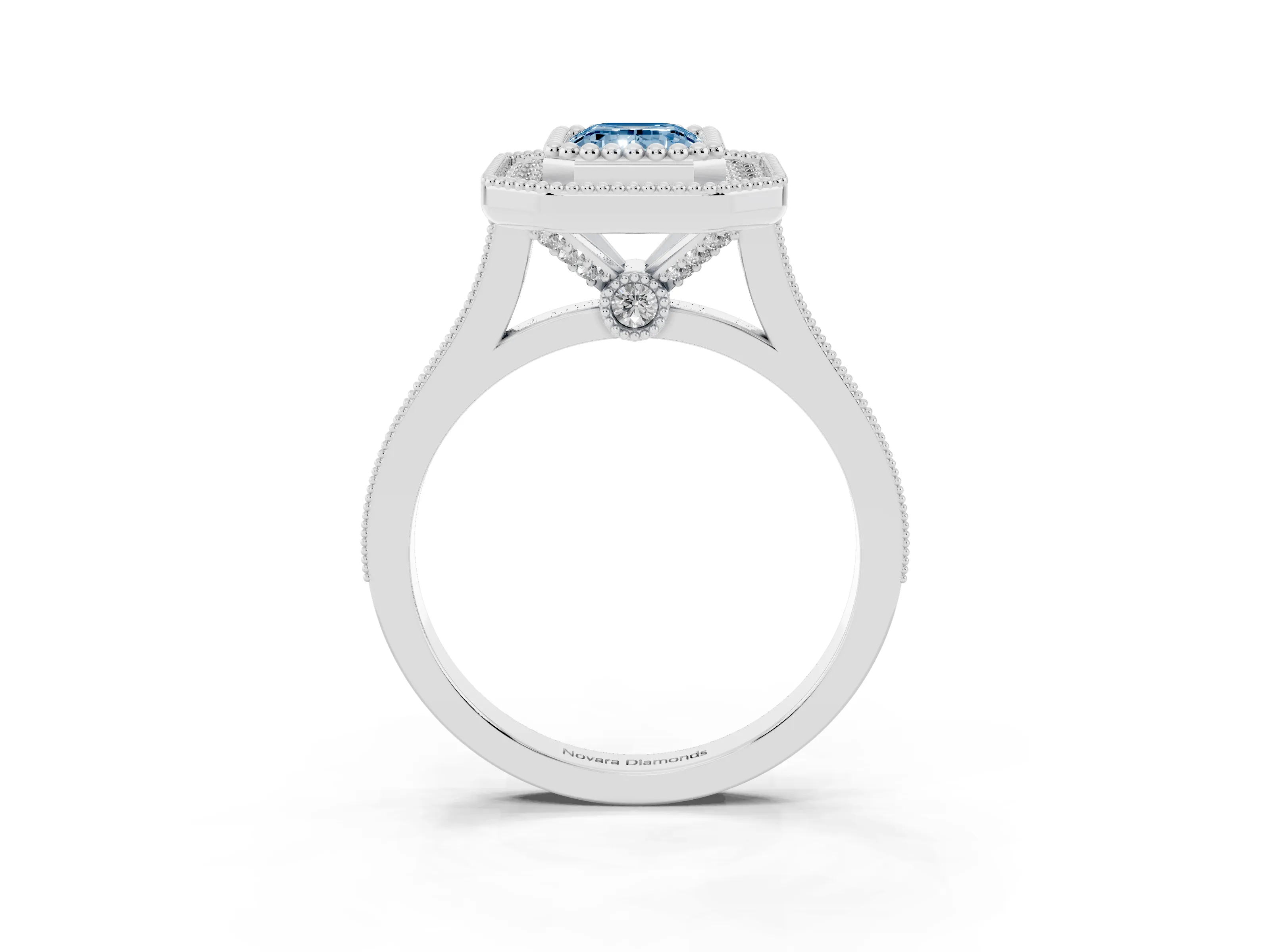 Fancy Blue Emerald Cut Diamond Halo Ring Set in White gold with Milgrain Frame and Pavé Band