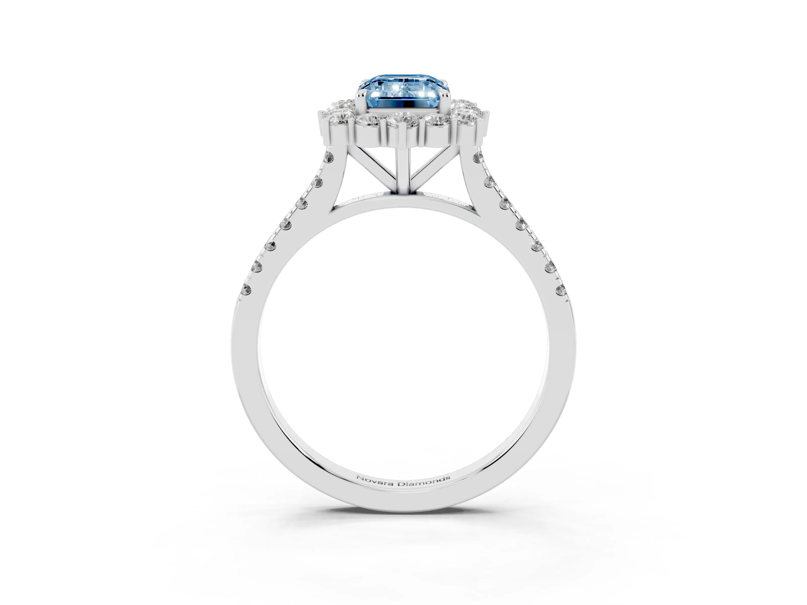 Fancy Blue Emerald Cut Diamond Halo Ring Set in Silver with Pavé Band and Prong Setting