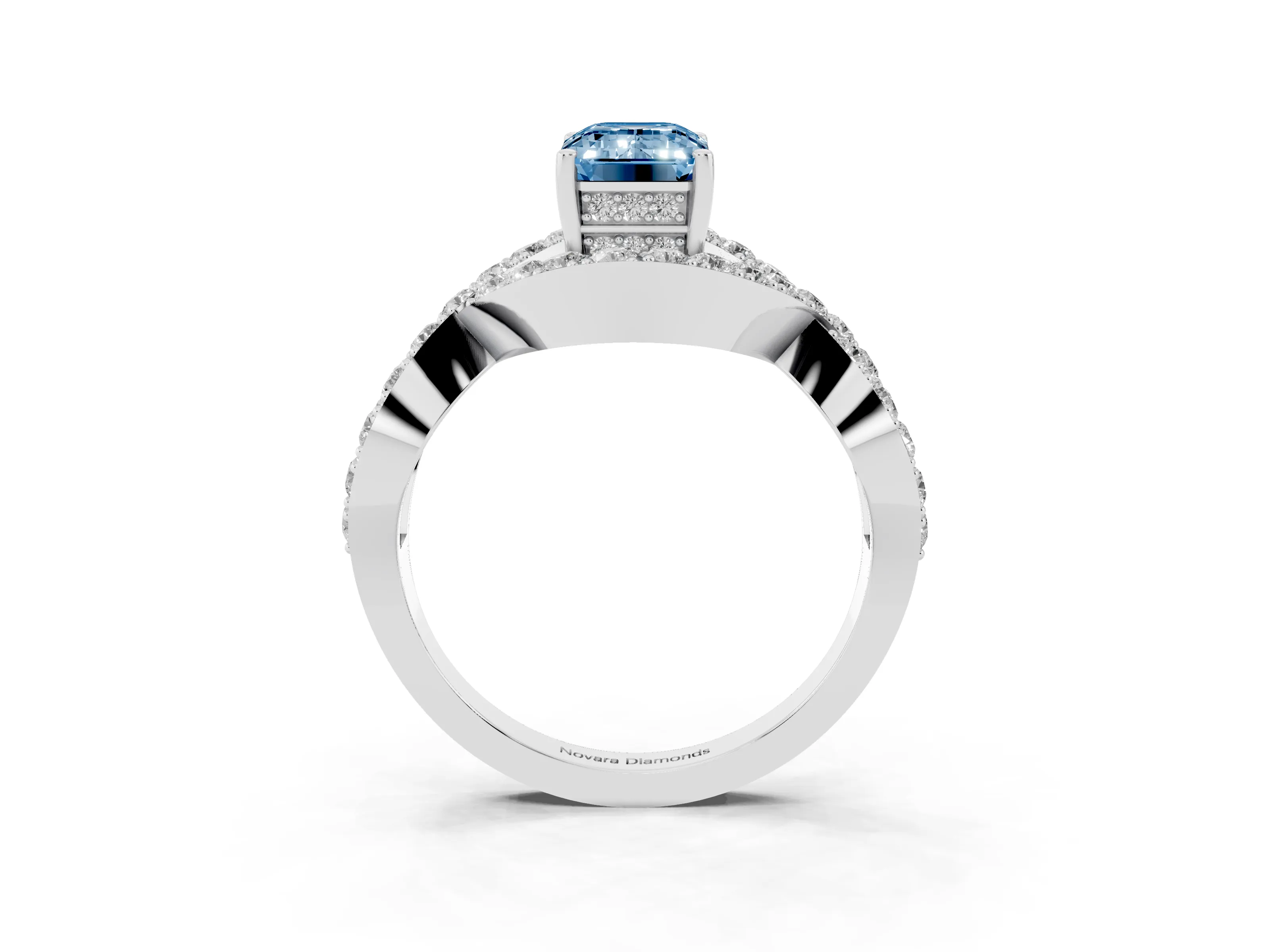 Fancy Blue Emerald Cut Diamond Solitaire Twist Band Pavé Engagement Ring Set in White gold