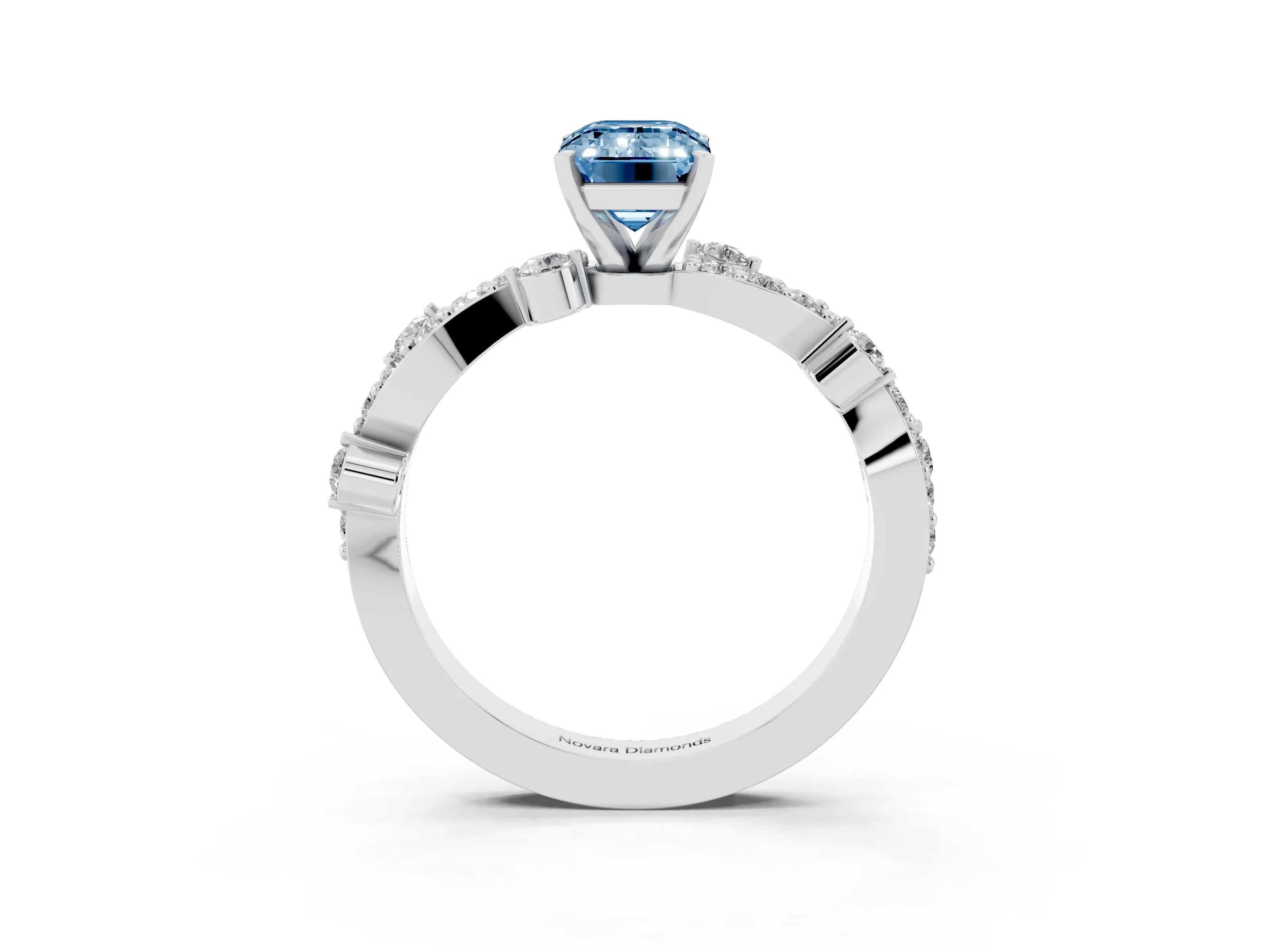 Fancy Blue Emerald Cut Diamond Solitaire Twisted Band Set in Silver with Pavé Setting