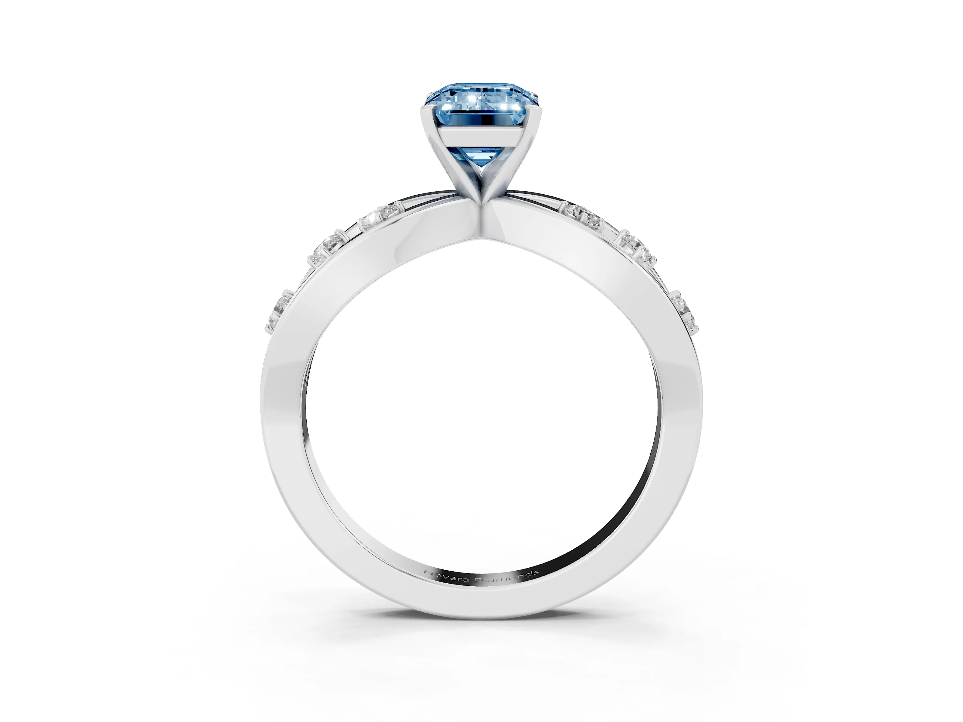Fancy Blue Emerald Cut Diamond Solitaire Ring Set in Platinum with Side Stones on Criss-Cross Band and Prong Setting