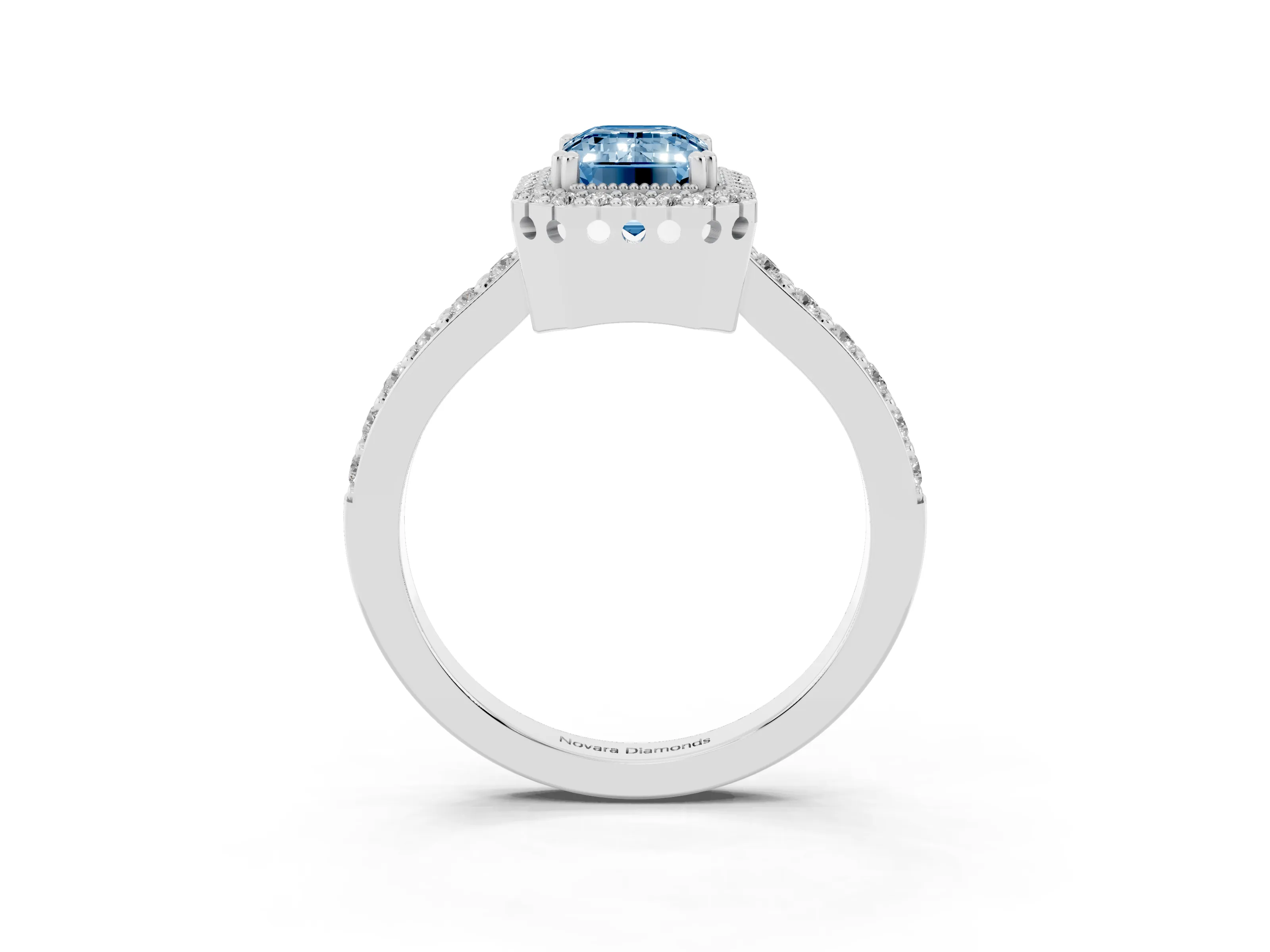 Fancy Blue Emerald Cut Diamond Halo Engagement Ring Set in White gold with Milgrain Detail and Pavé Band