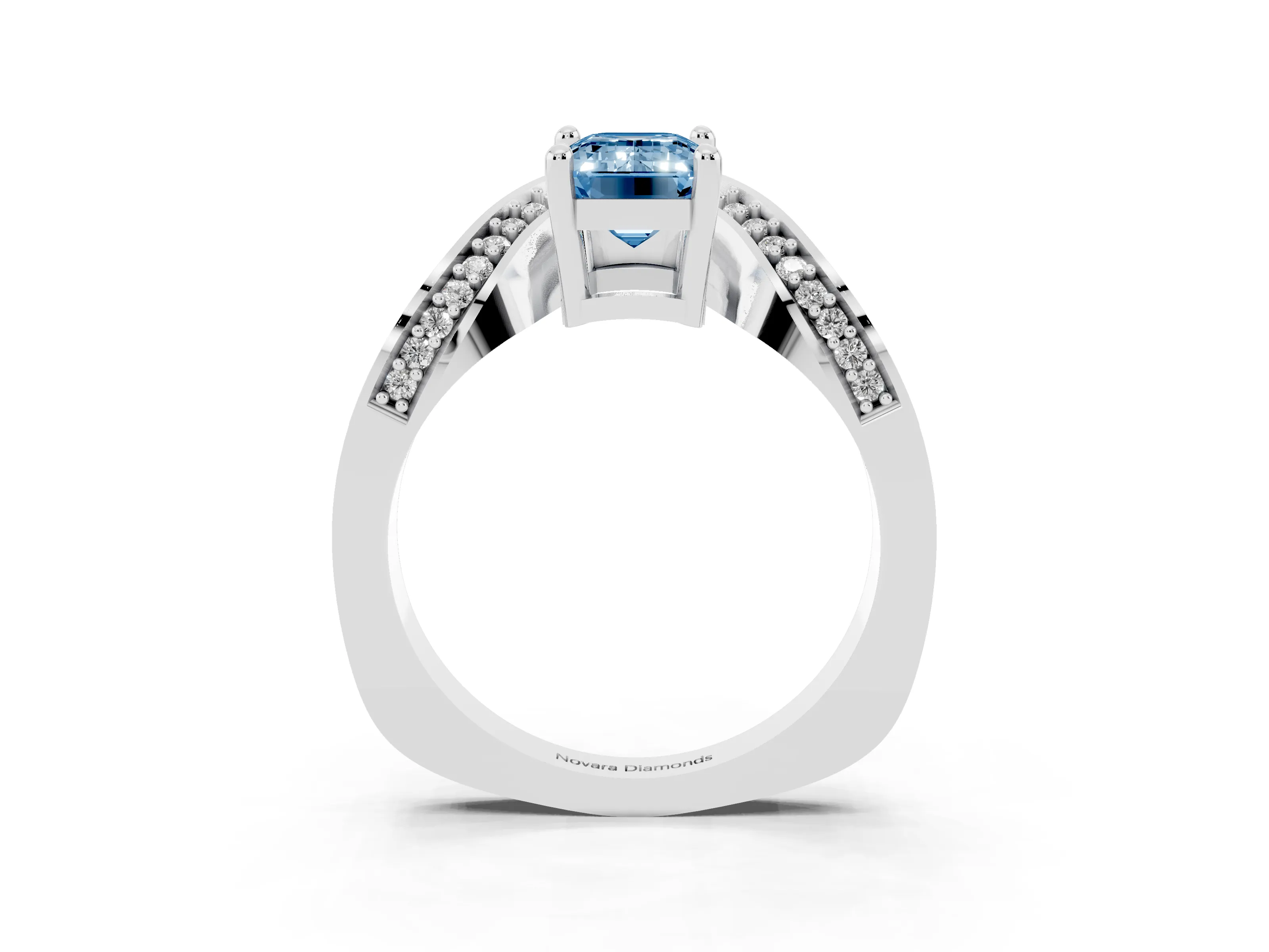 Fancy Blue Emerald Cut Diamond Solitaire Engagement Ring Set in Silver with Pavé Shoulders
