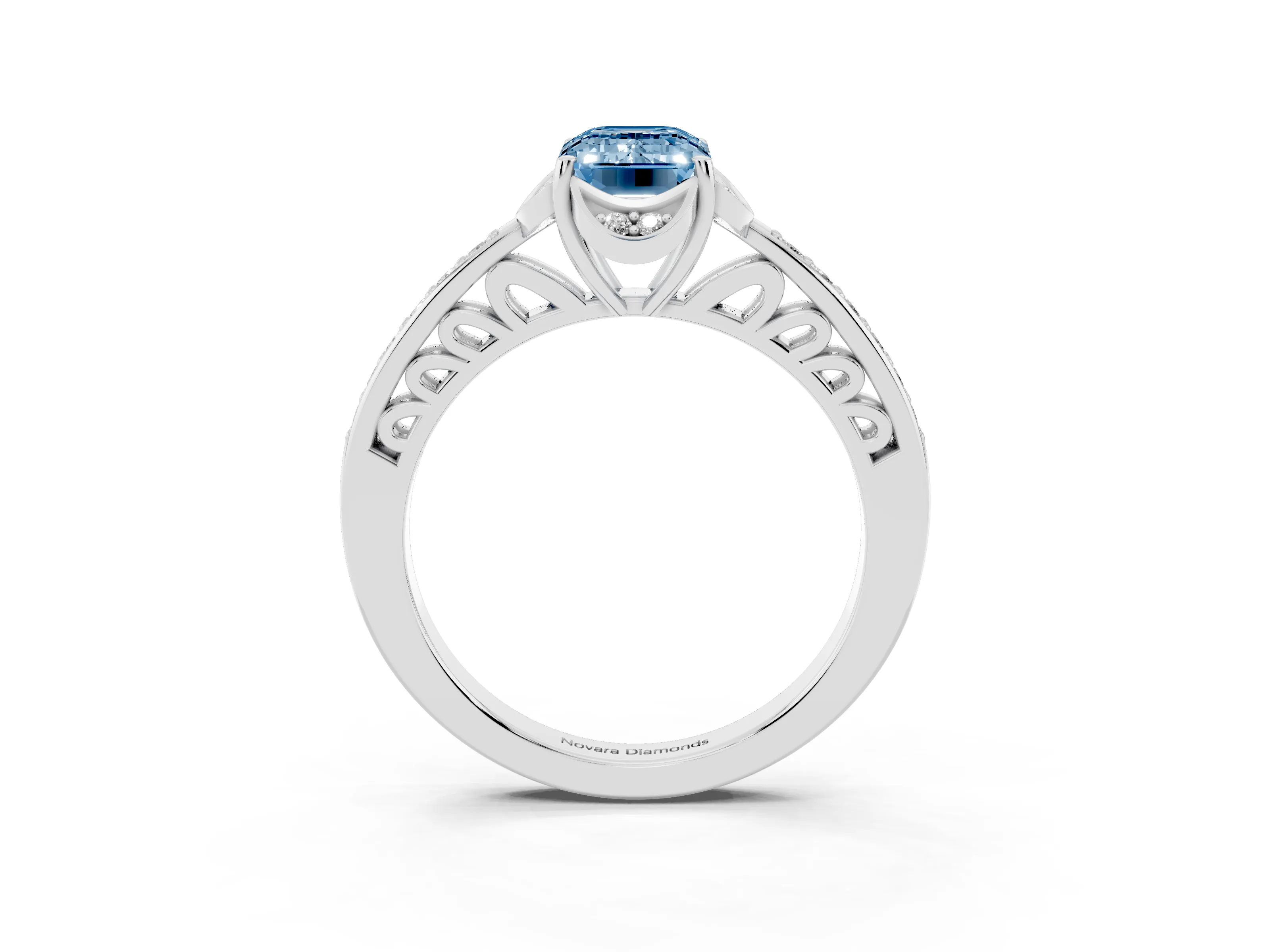 Fancy Blue Emerald Cut Diamond Halo Ring Set in Silver with Channel Set Band and Prong Setting