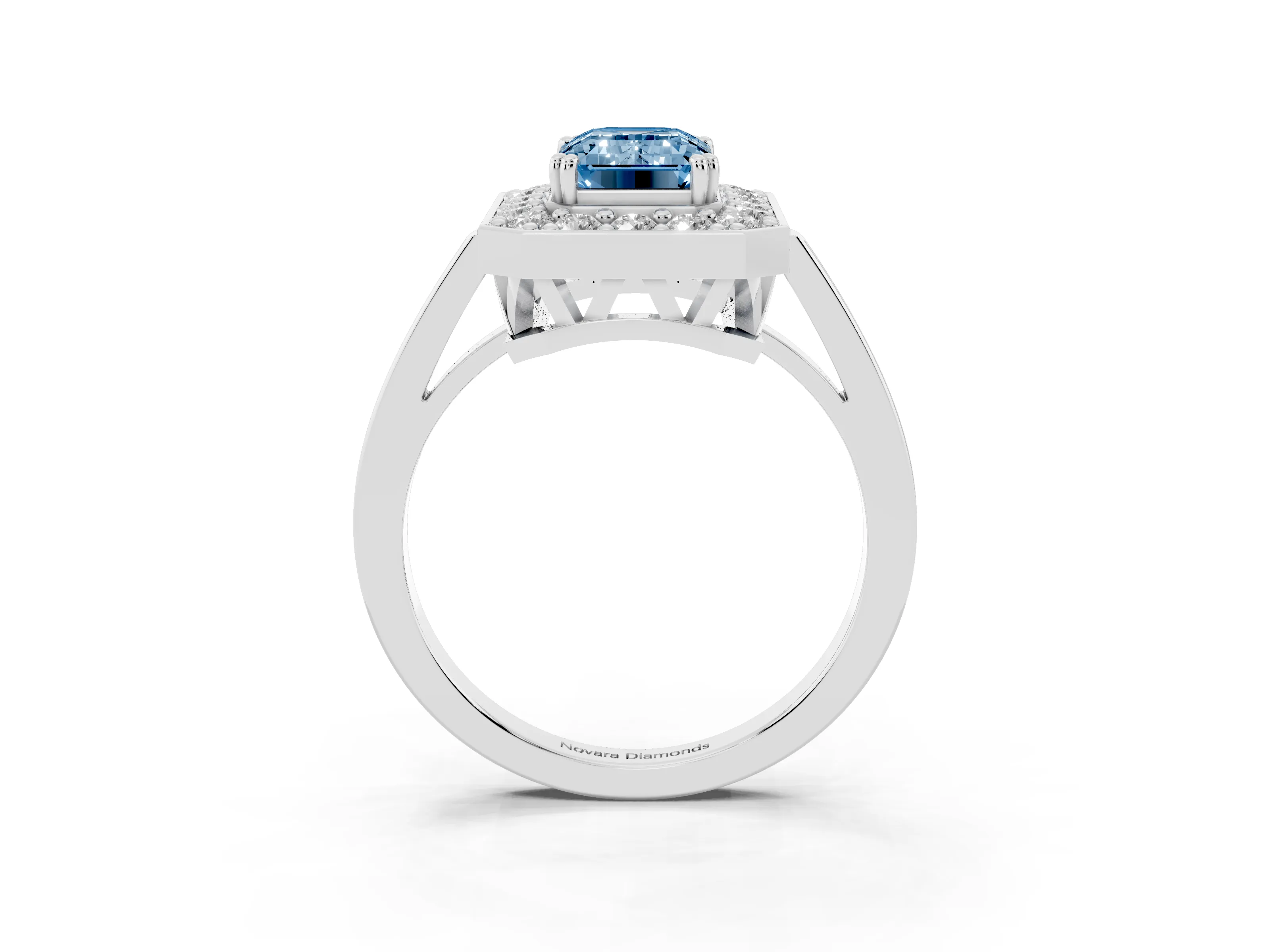 Fancy Blue Emerald Cut Diamond Halo Ring Set in Platinum with Accent-Lined Split Shank and Prong Setting
