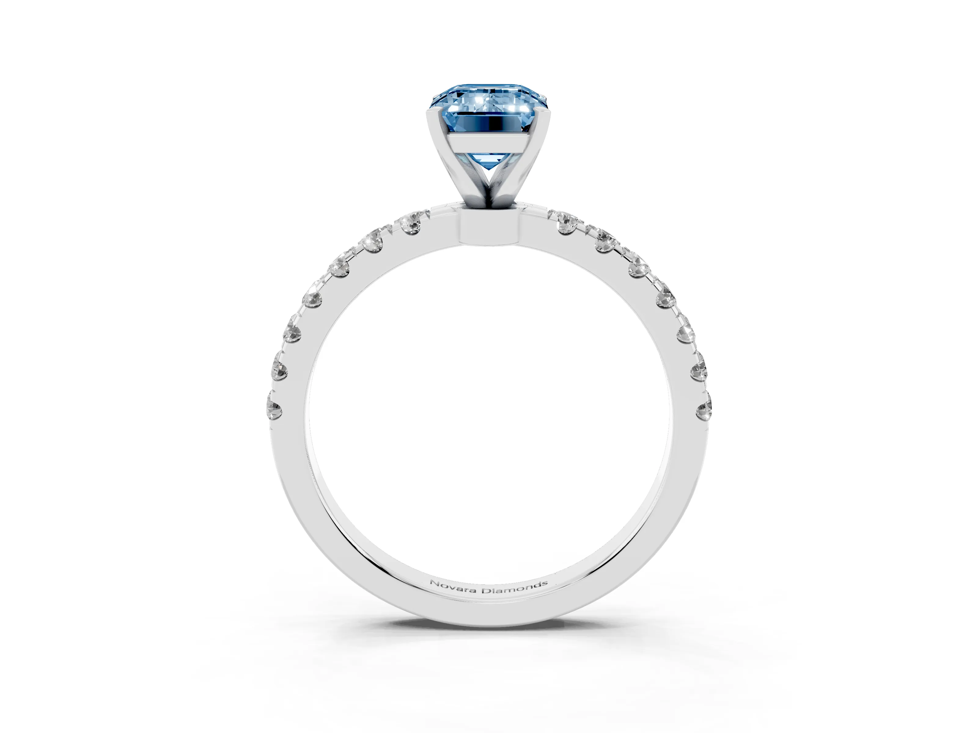 Fancy Blue Emerald Cut Diamond Solitaire Ring Set in Platinum with Pavé Accents and Prong Setting