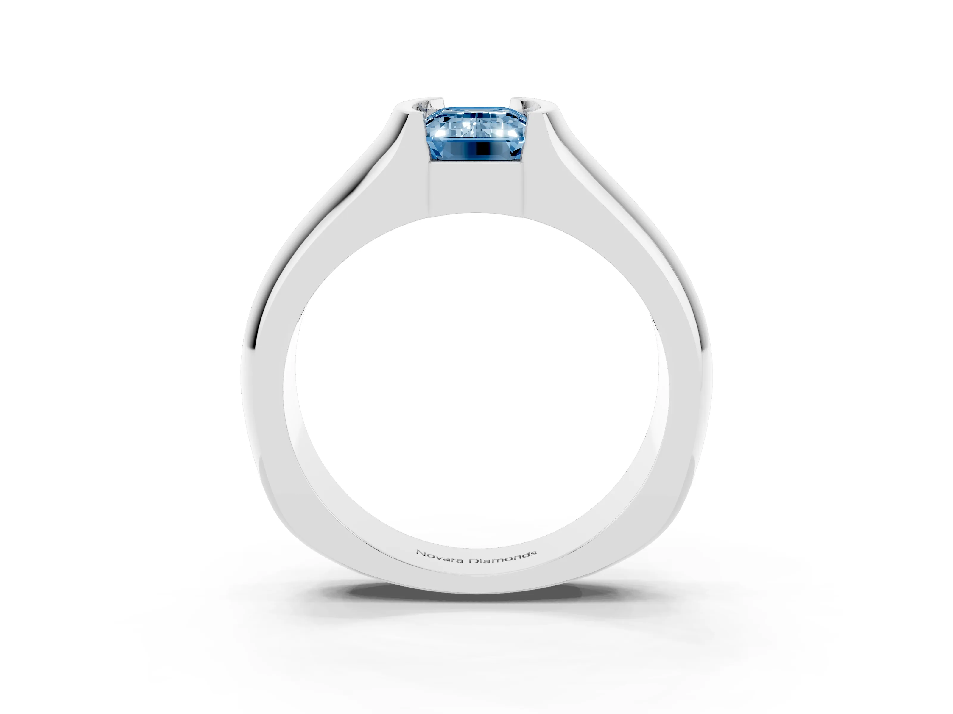 Fancy Blue Emerald Cut Diamond Bezel Solitaire Ring Set in Silver with Wide Band