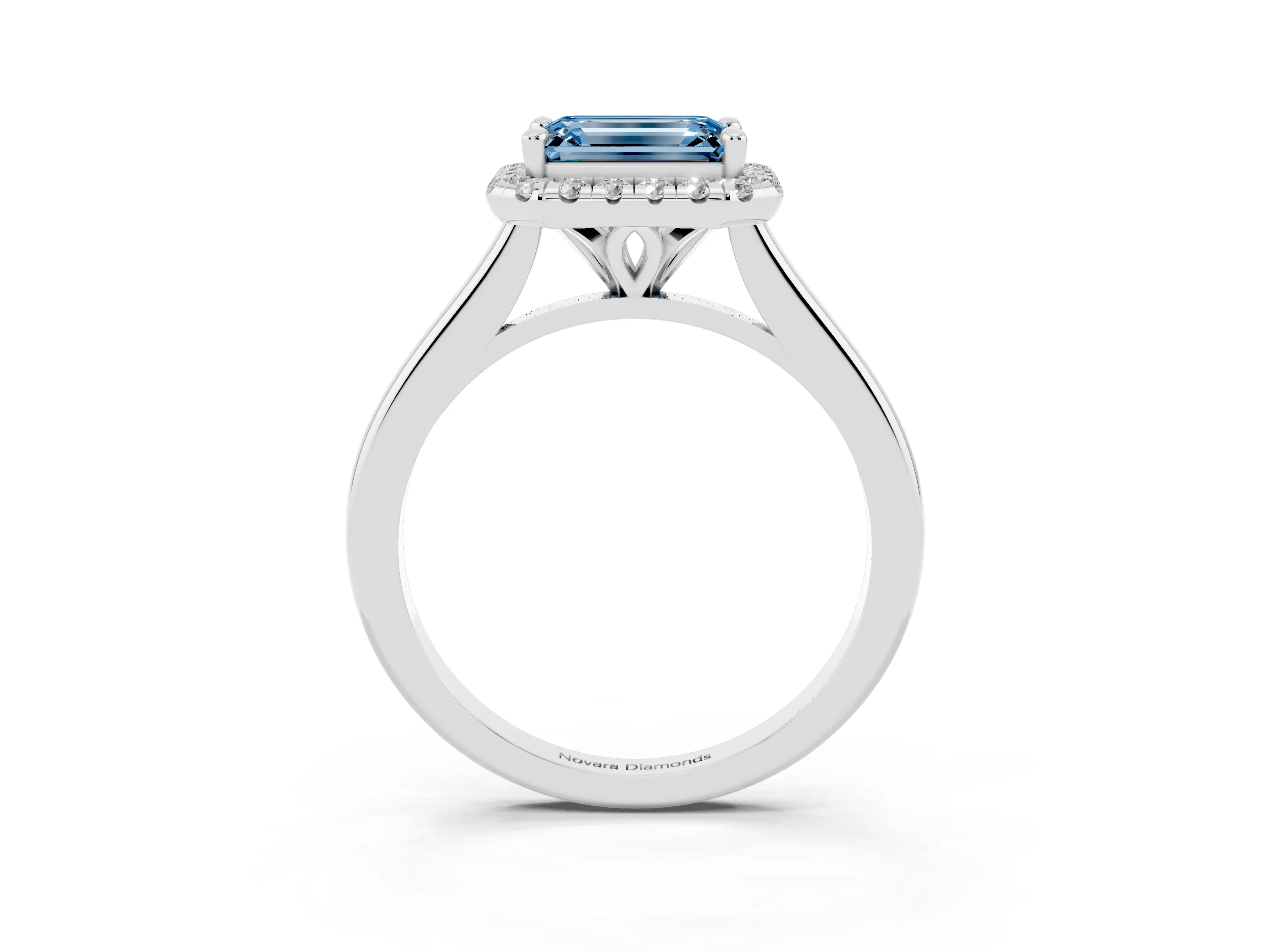 Fancy Blue Emerald Cut Diamond Halo Engagement Ring Set in Silver with Pavé Band and Rising Shoulders