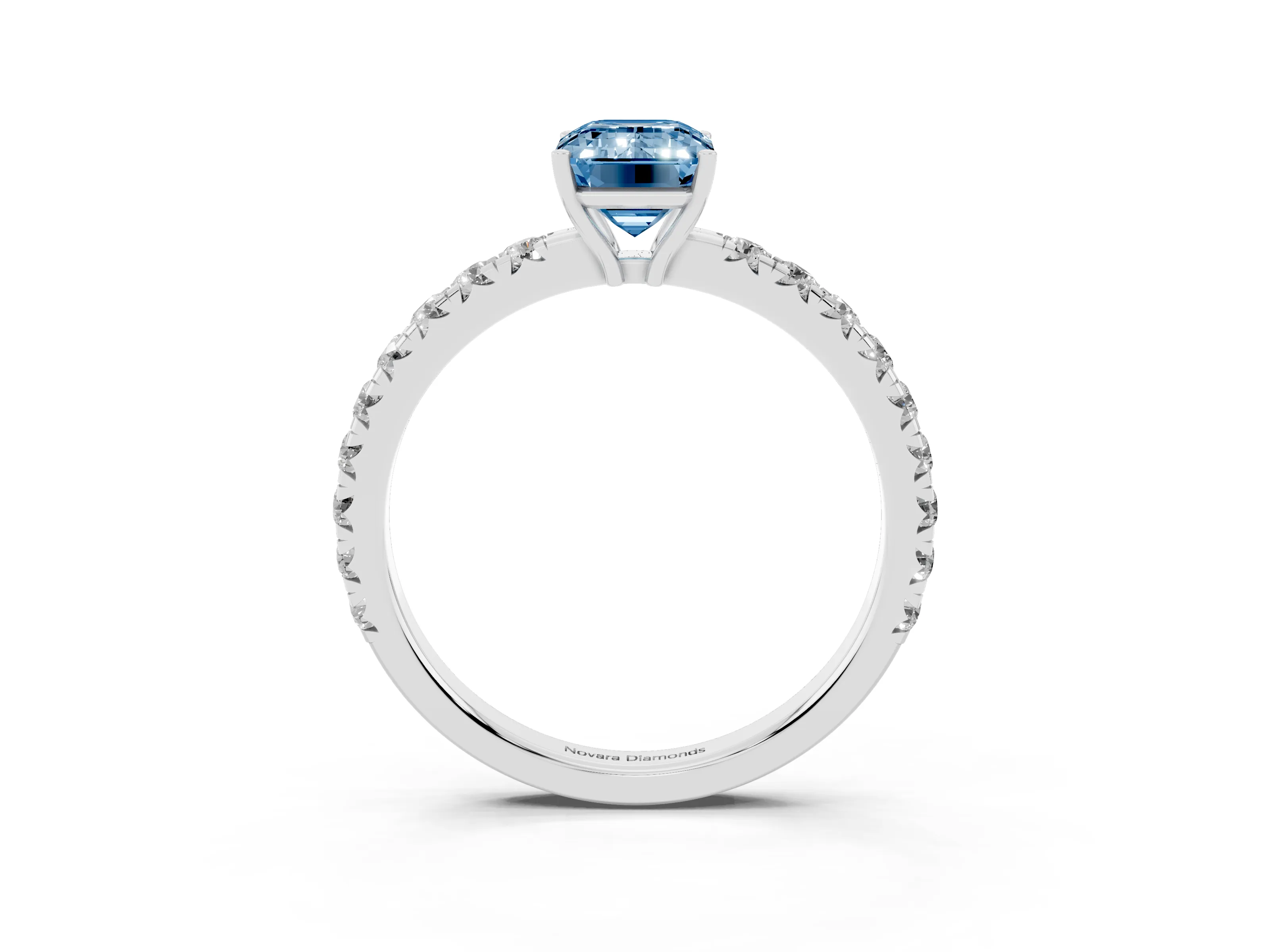 Fancy Blue Emerald Cut Diamond Pavé Solitaire Engagement Ring Set in Platinum with Prong Setting