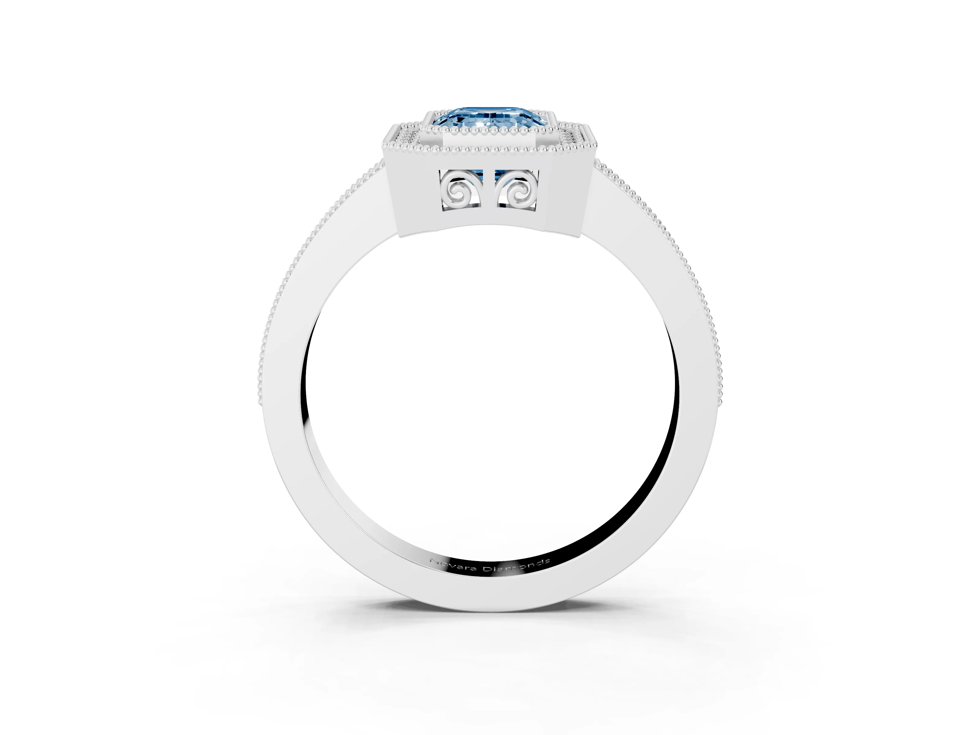 Fancy Blue Emerald Cut Diamond Round Halo Ring Set in Silver with Pavé Band
