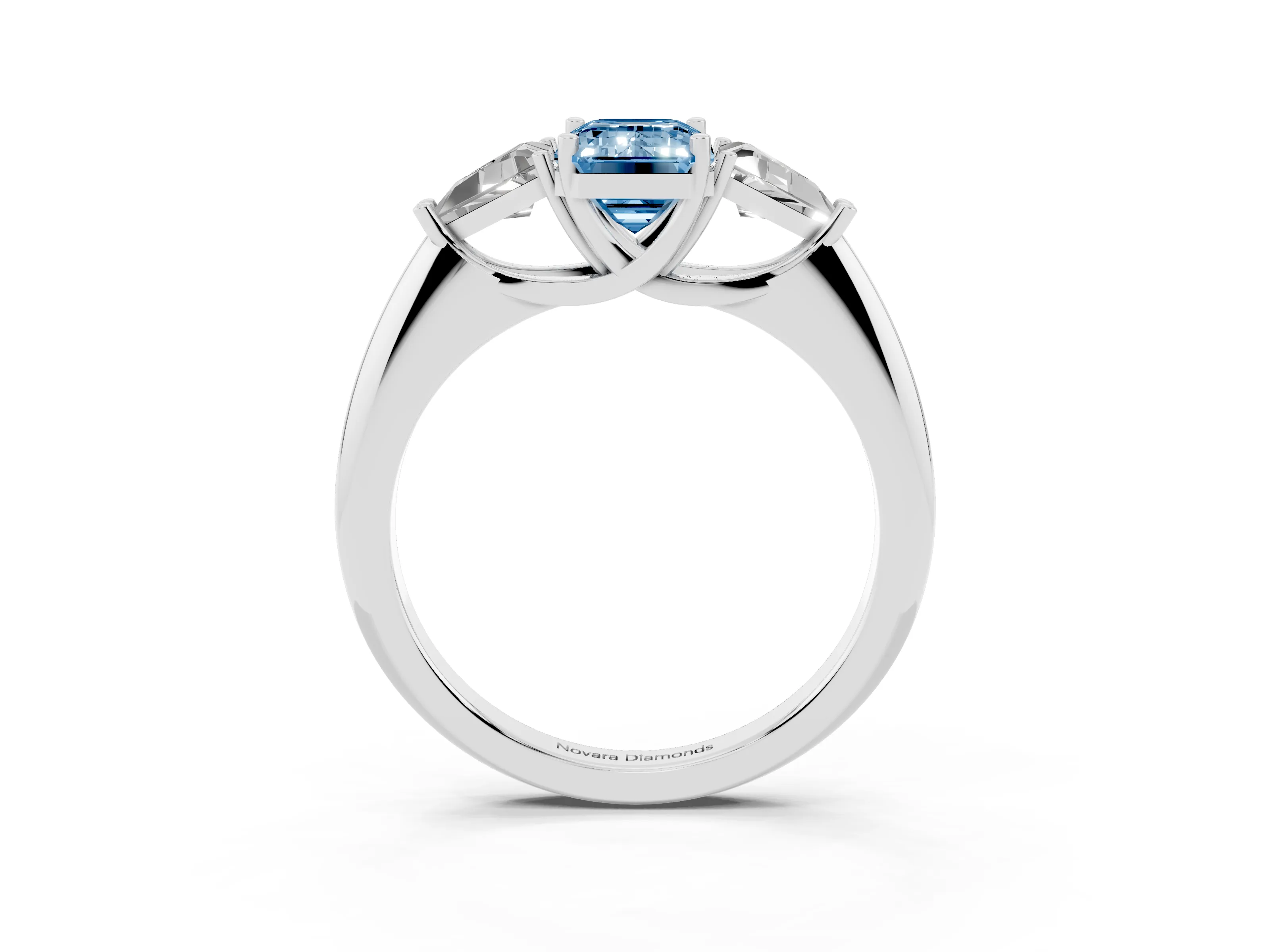 Fancy Blue Emerald Cut Diamond Three-Stone Engagement Ring Set in Platinum with Trillion Side Stones