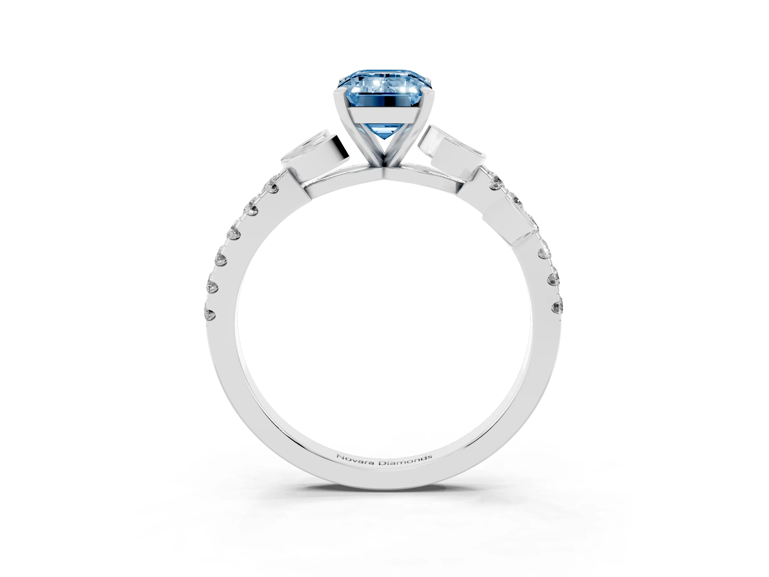 Fancy Blue Emerald Cut Diamond Solitaire Leaf-Inspired Ring Set in Silver with Pavé Band and Prong Setting