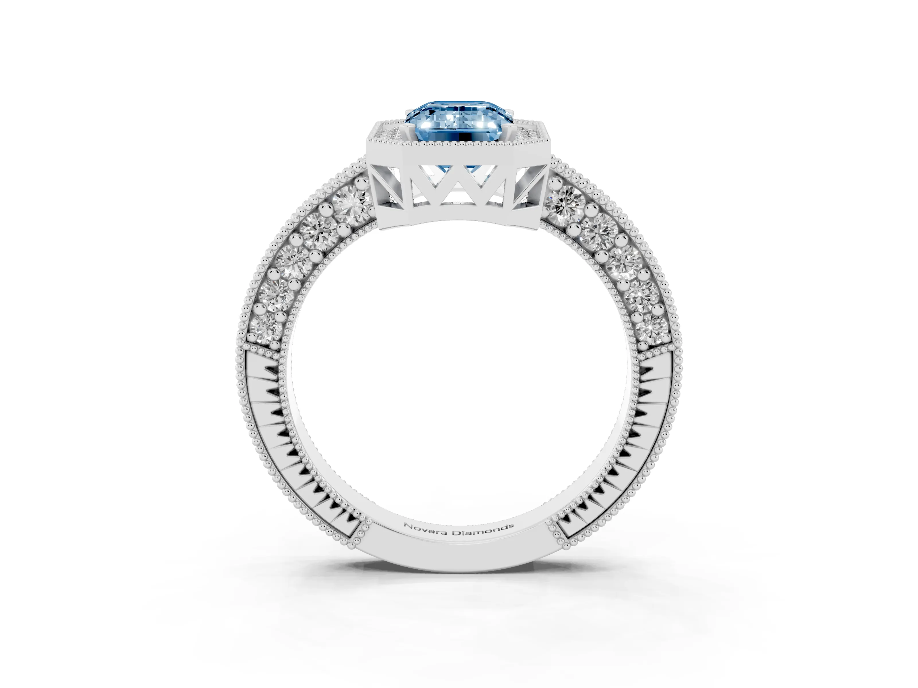 Fancy Blue Emerald Cut Diamond Halo Pavé Band Ring Set in Silver with Prong-Set Center