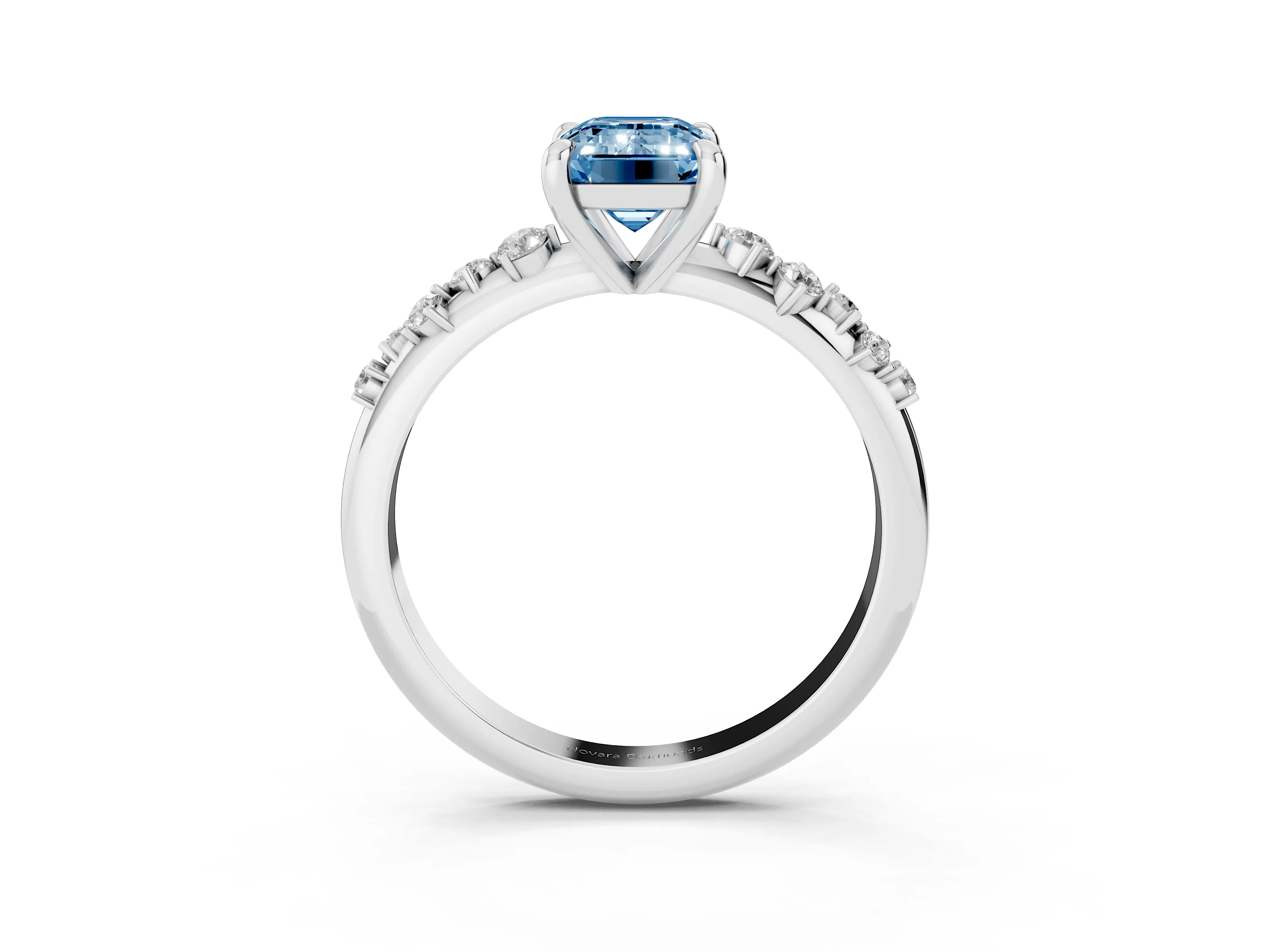 Fancy Blue Emerald Cut Diamond Solitaire Vine Band Ring Set in Platinum with Round Accents and Prong Setting