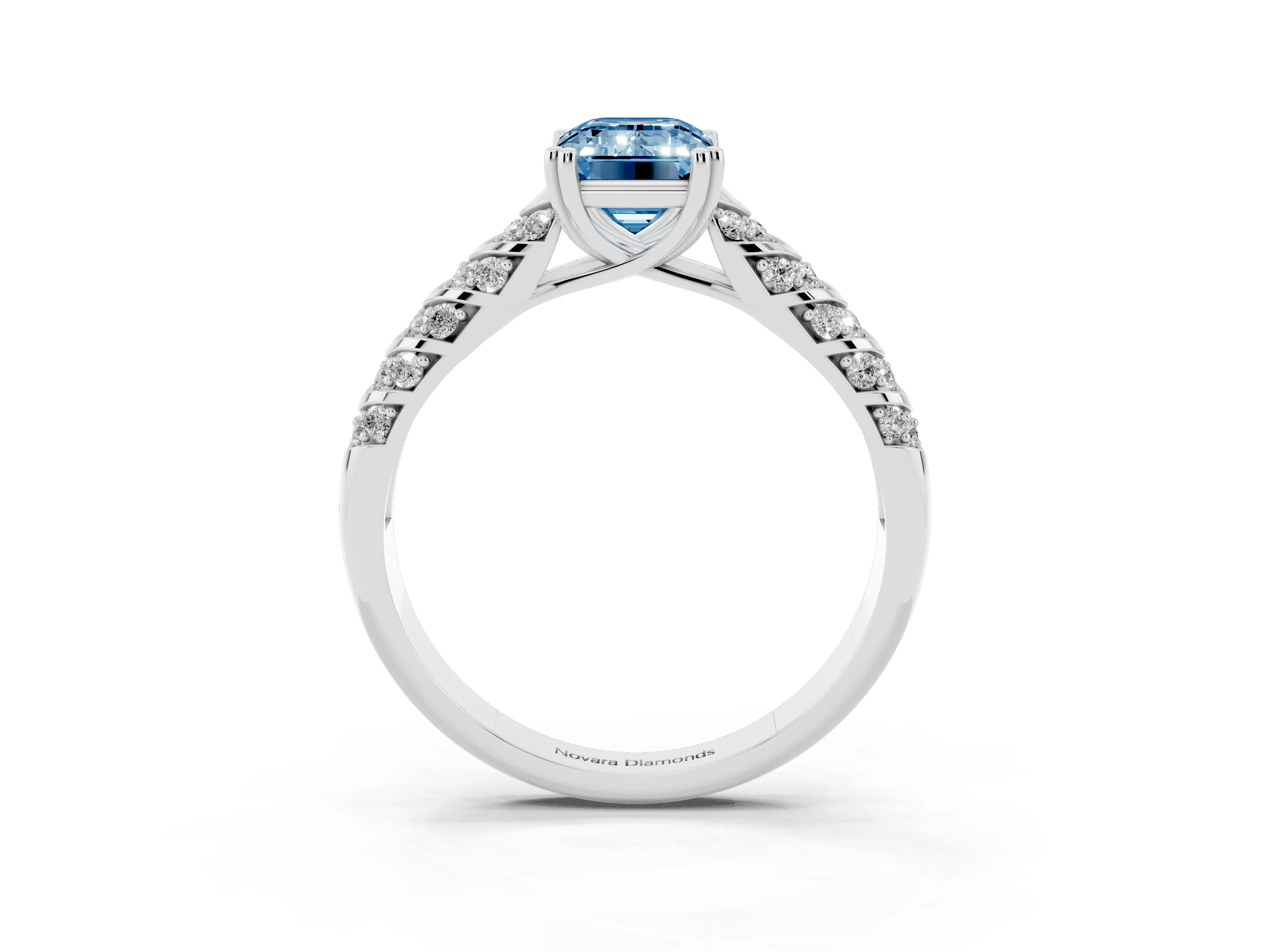 Fancy Blue Emerald Cut Diamond Solitaire Chevron Pavé Engagement Ring Set in Platinum with Prong Setting