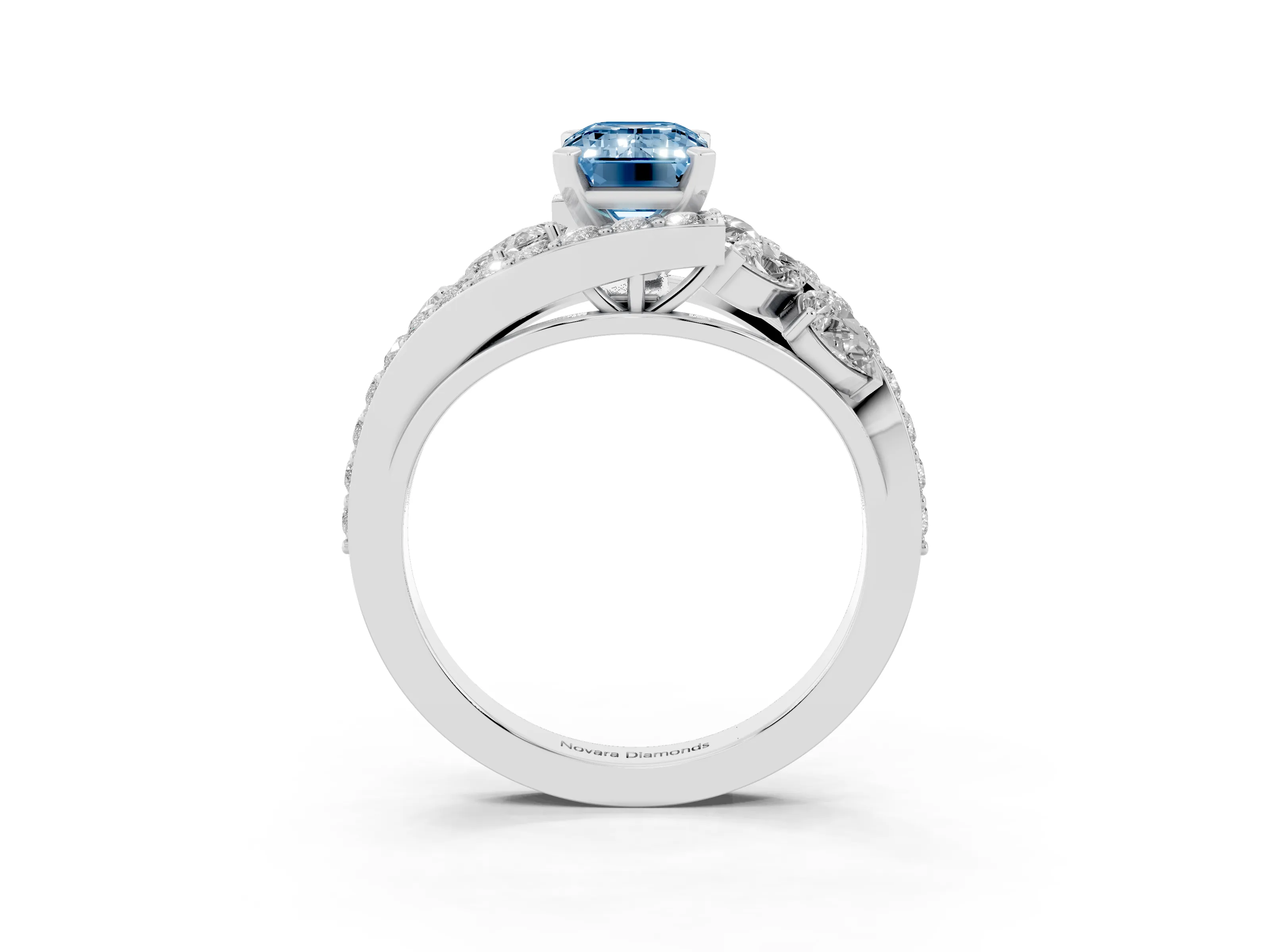 Fancy Blue Emerald Cut Diamond Halo Ring Set in Silver with Marquise and Pavé Band in Prong Setting