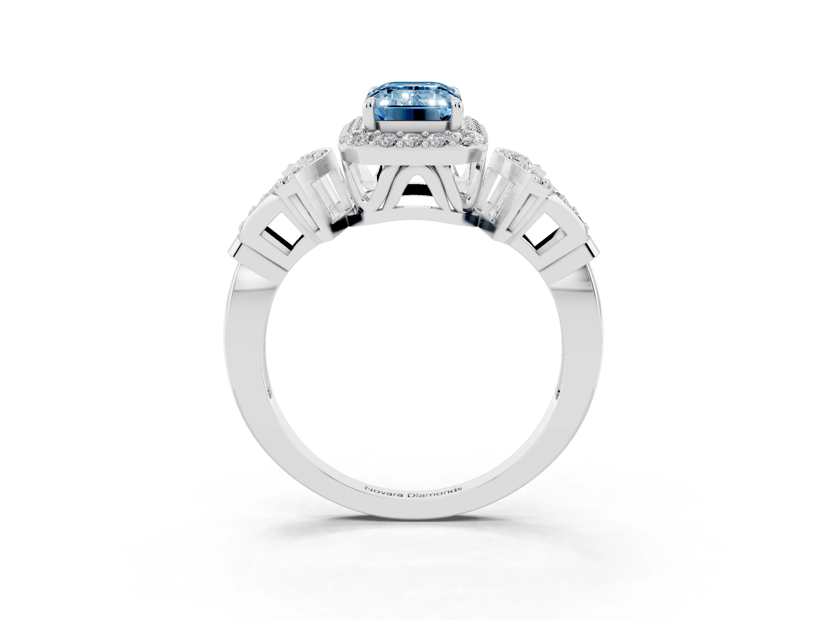 Fancy Blue Emerald Cut Diamond Halo Engagement Ring Set in Silver with Accent Stone Split Shank