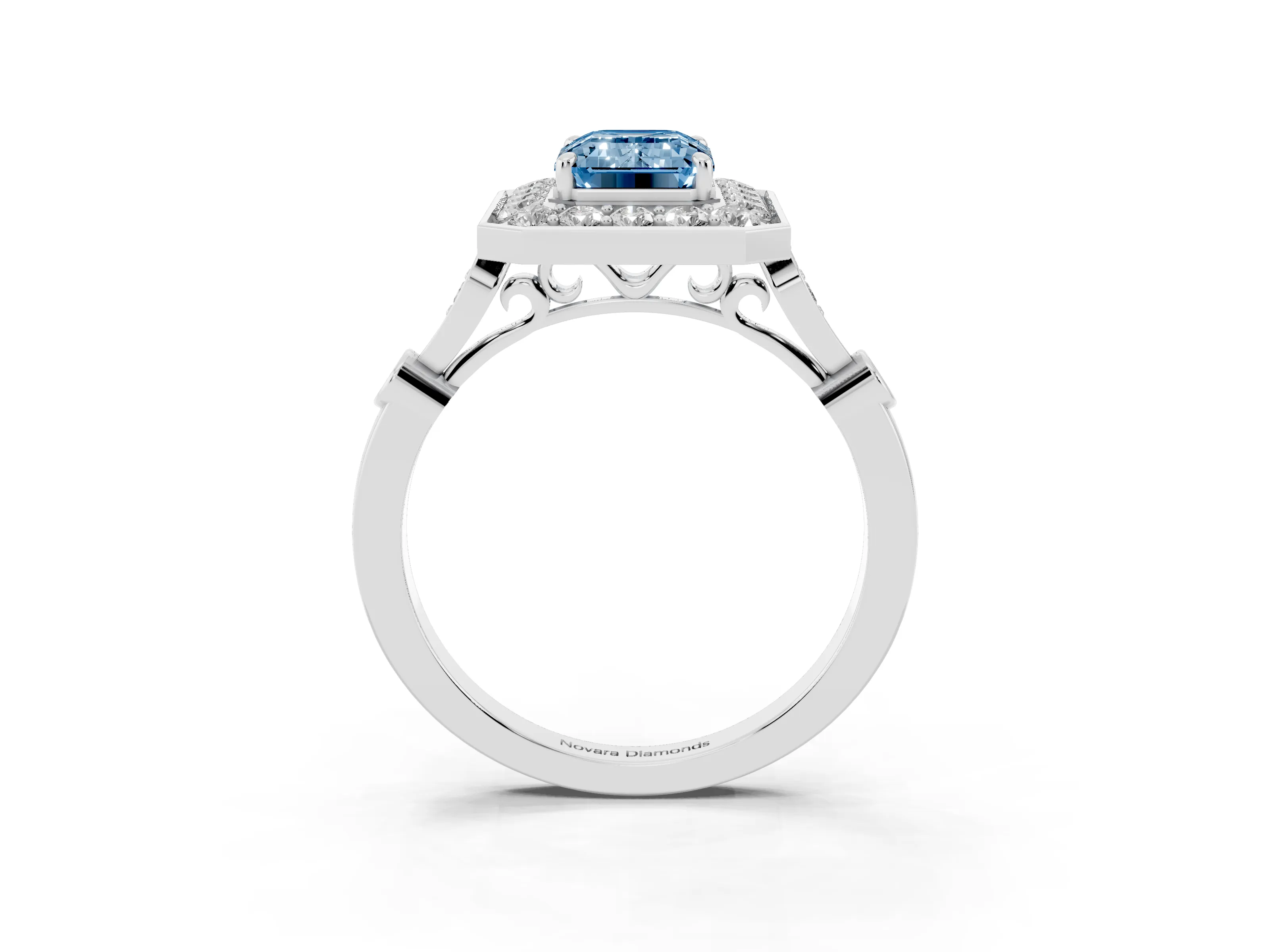 Fancy Blue Emerald Cut Diamond Halo Engagement Ring Set in Silver with Twisted Band and Prong Setting