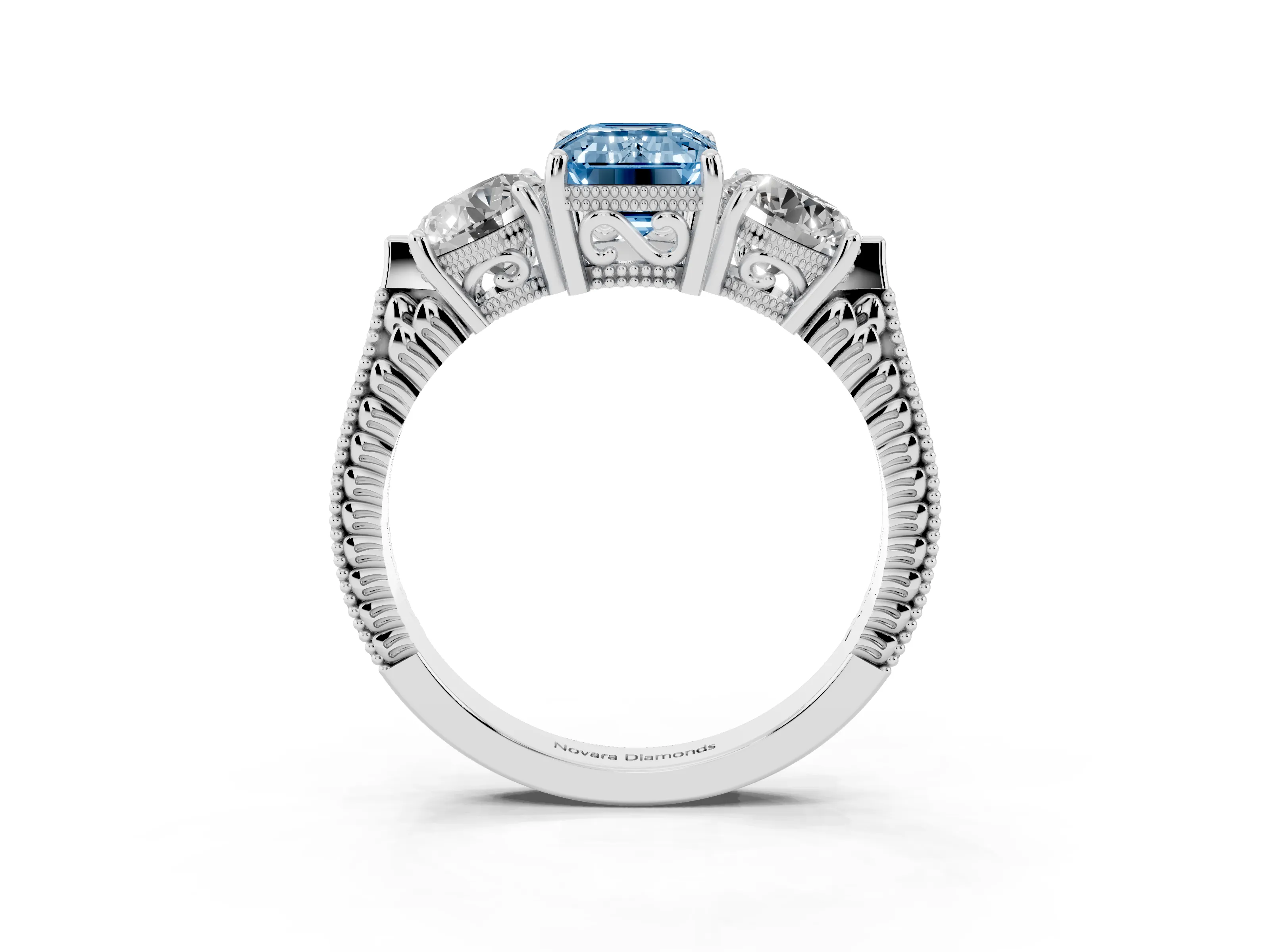 Fancy Blue Emerald Cut Diamond Three-Stone Ring Set in Silver with Milgrain Band