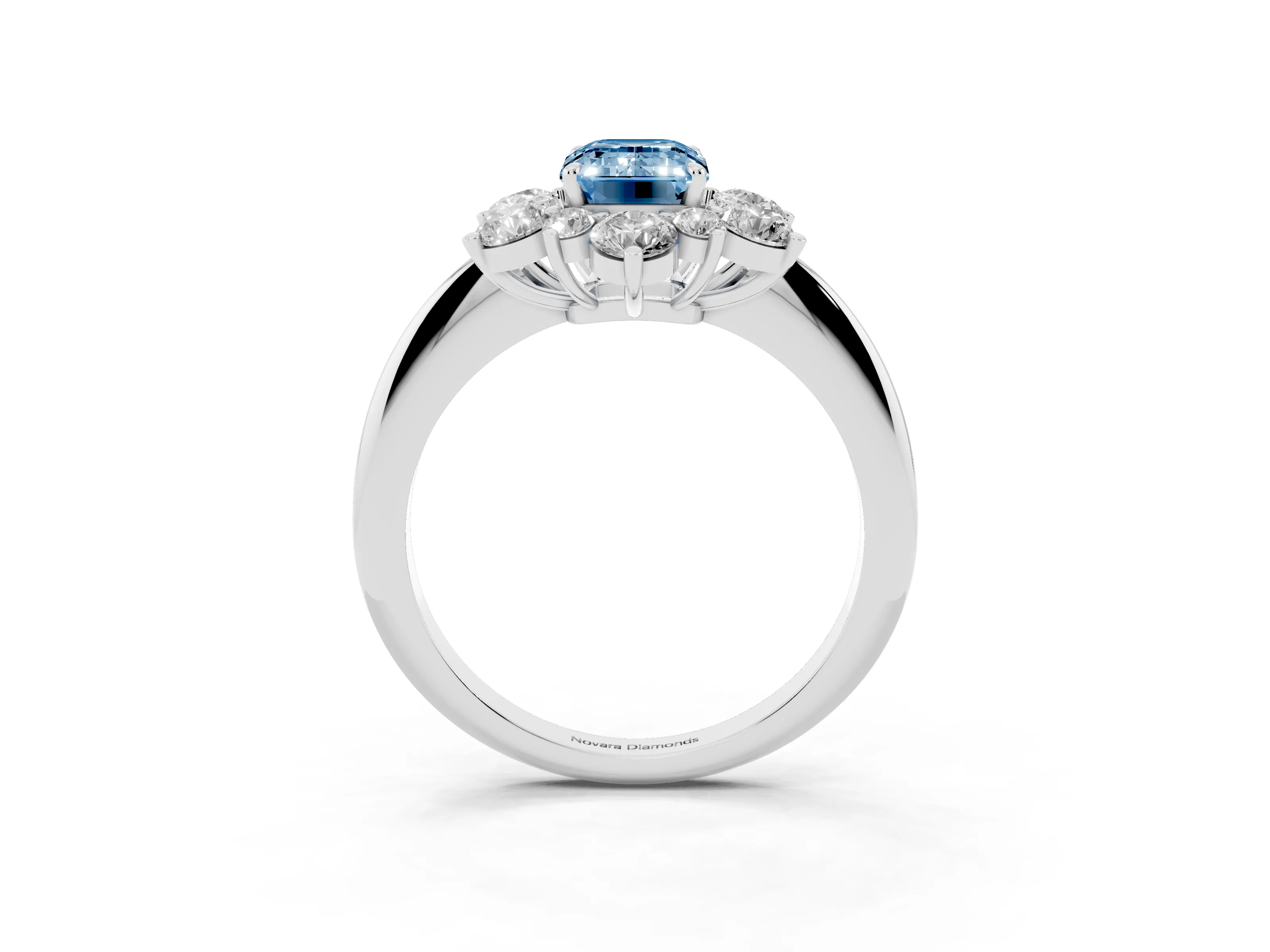 Fancy Blue Emerald Cut Diamond Cluster Halo Ring Set in Silver with Solitaire Band and Prong Setting