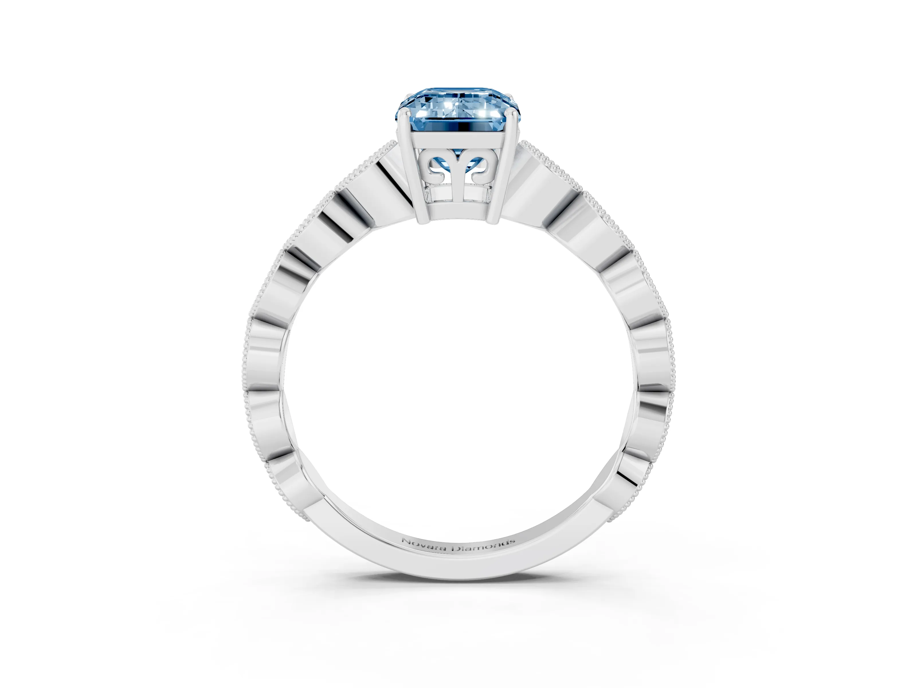 Fancy Blue Emerald Cut Diamond Solitaire Ring Set in White gold with Infinity Twist Pavé Band