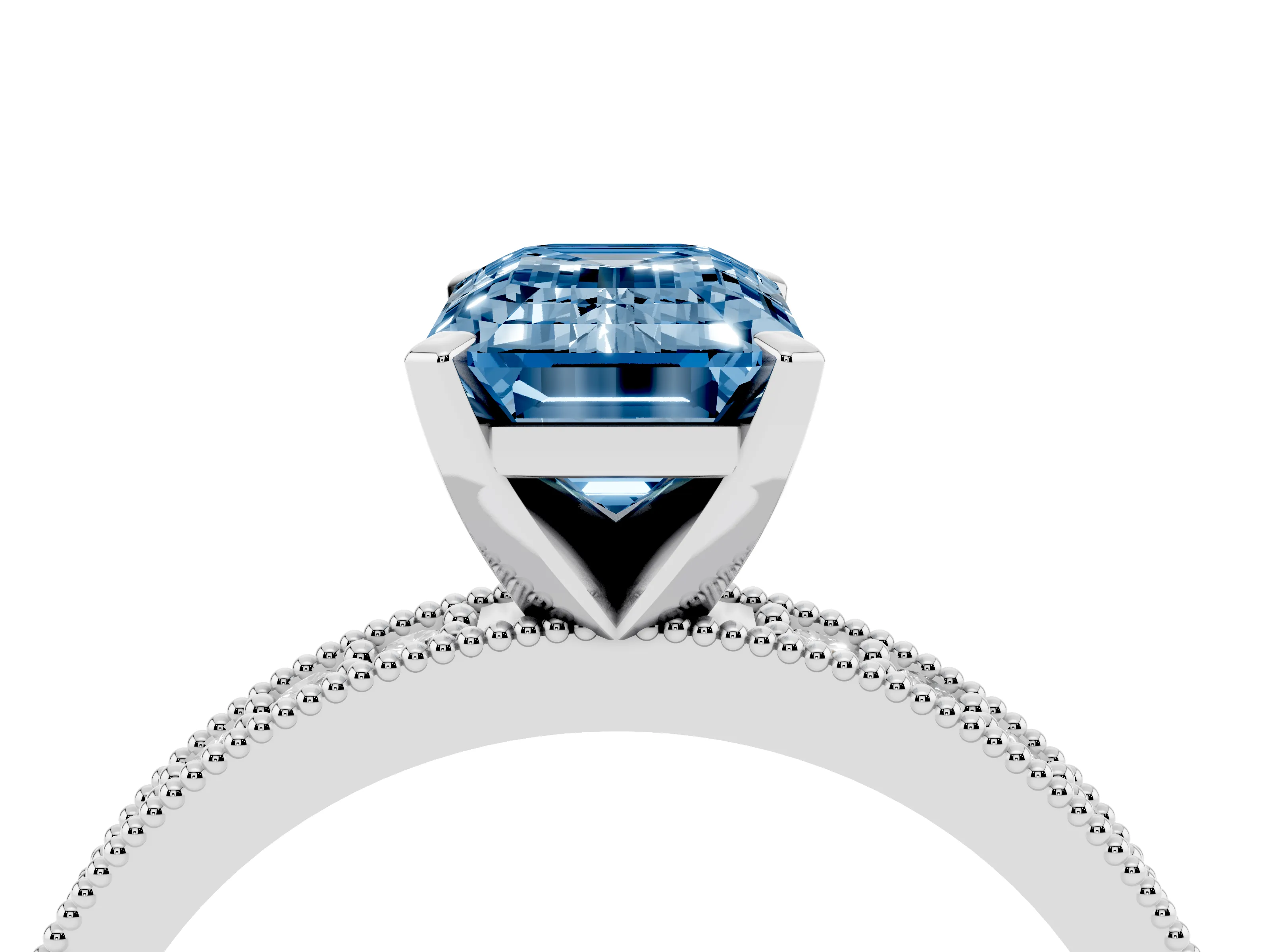 Fancy Blue Emerald Cut Diamond Milgrain Pavé Engagement Ring Set in Silver with Prong Setting