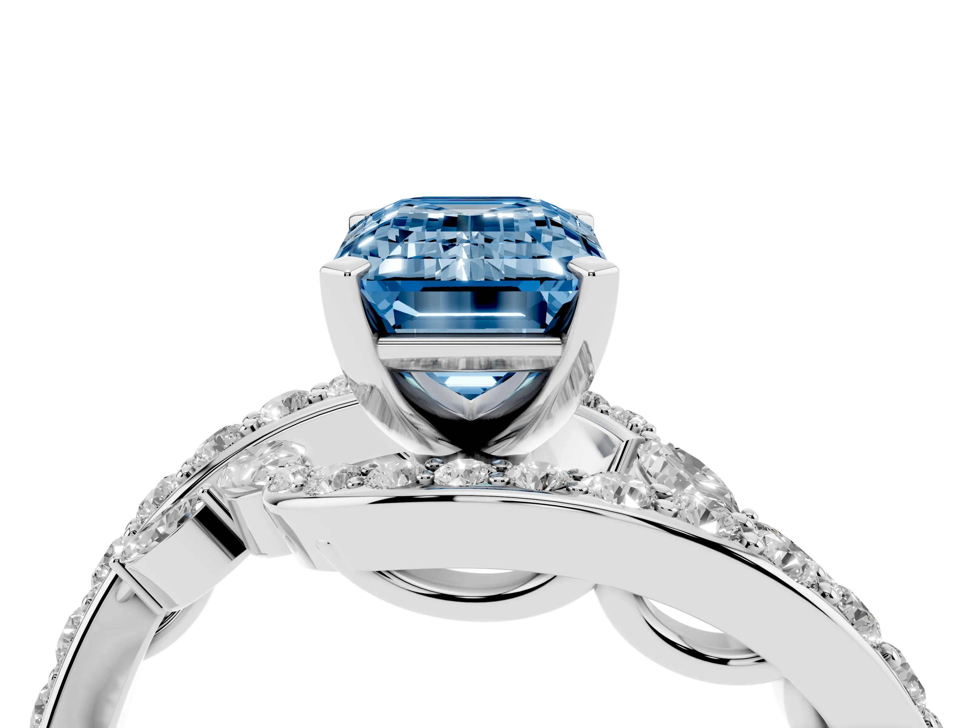 Fancy Blue Emerald Cut Diamond Solitaire Ring Set in Platinum with Pavé Twist Band and Secure Prong Setting