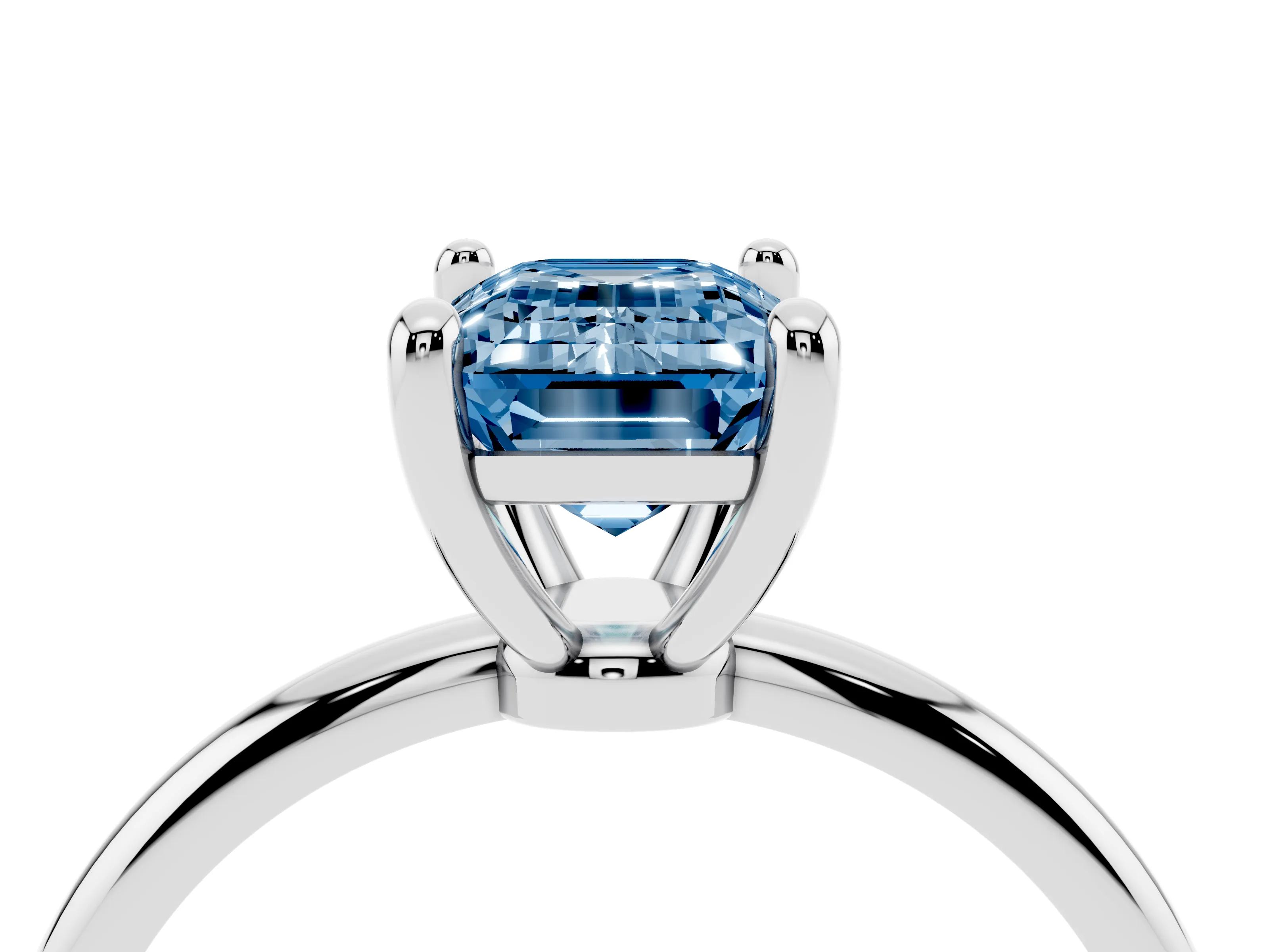 Fancy Blue Emerald Cut Diamond Solitaire Ring Set in Platinum with Secure Prong Setting on a Classic Band