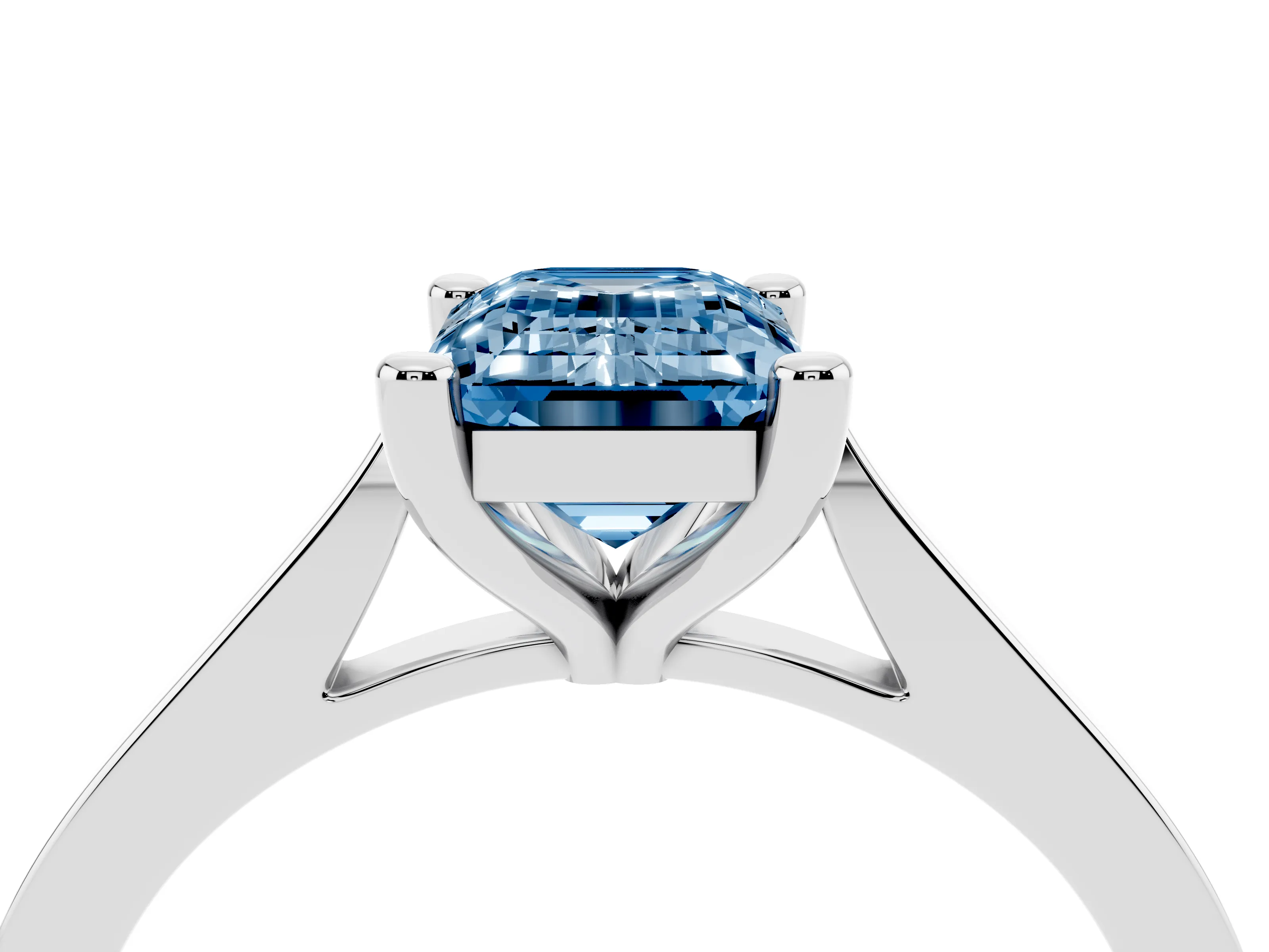 Fancy Blue Emerald Cut Diamond Solitaire Ring Set in White gold with Prong Setting and Tapered Band