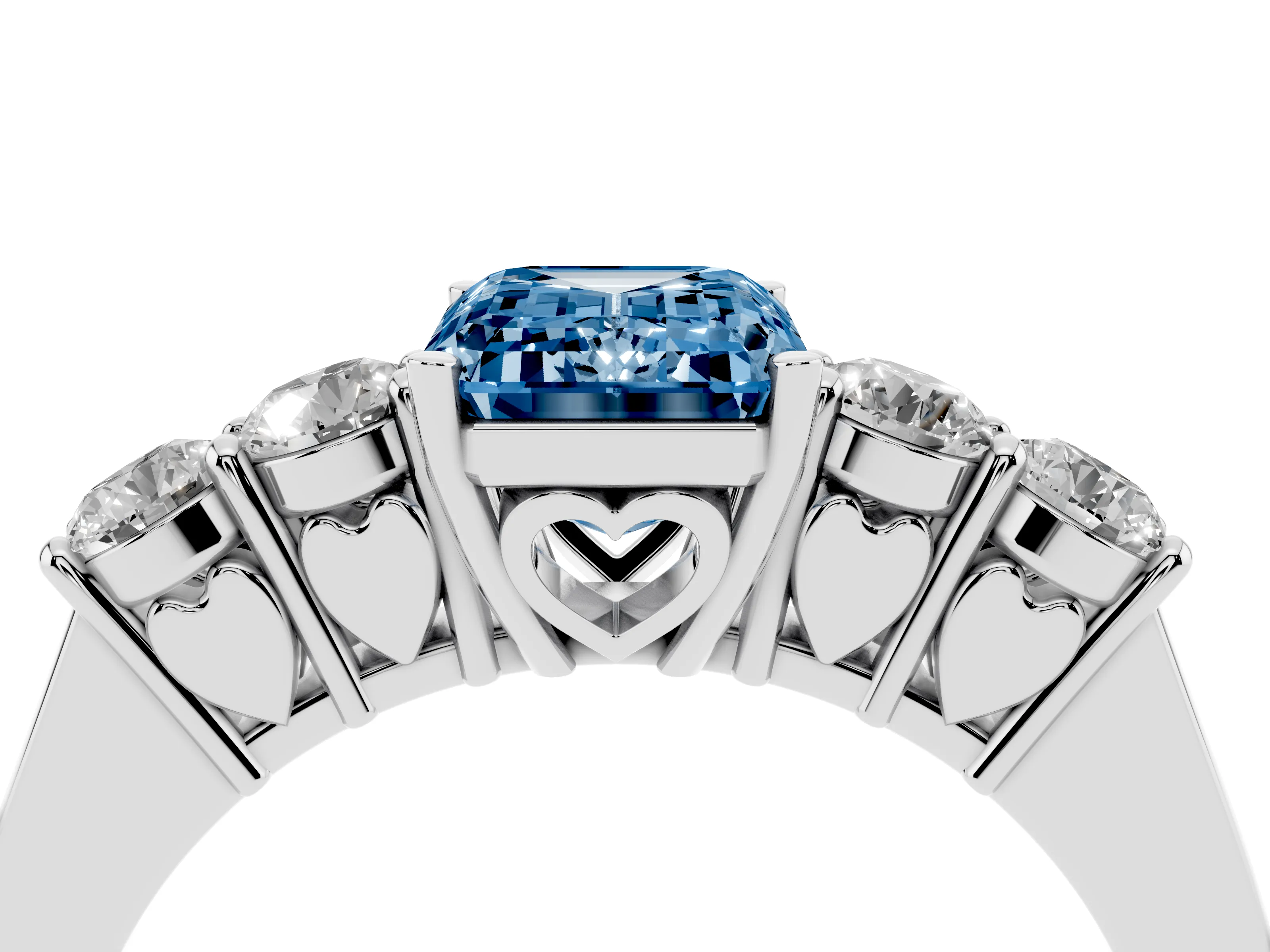 Fancy Blue Emerald Cut Diamond Five-Stone Prong Set Band Ring Set in Platinum with Polished Band