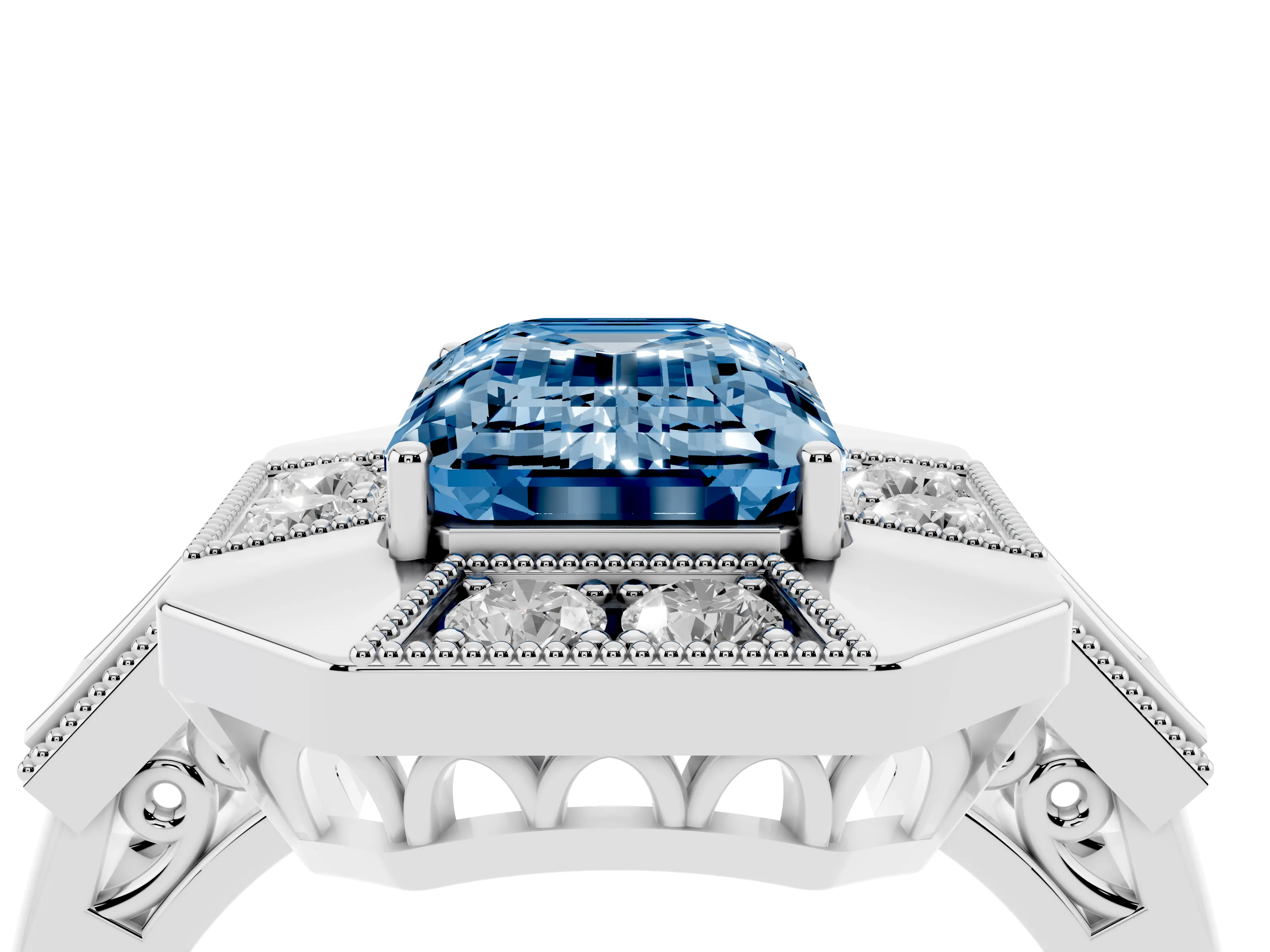 Fancy Blue Emerald Cut Diamond Milgrain Halo Ring Set in Platinum with Split Shank