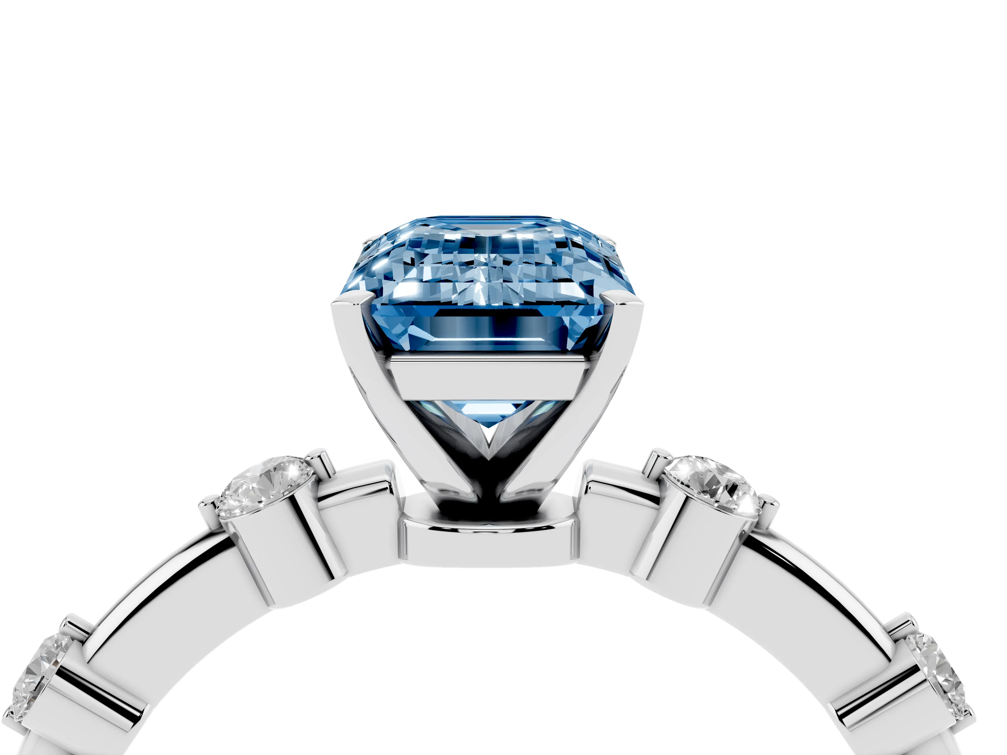 Fancy Blue Emerald Cut Diamond Solitaire Ring Set in White gold with Bezel Set Side Stones and Prong Setting