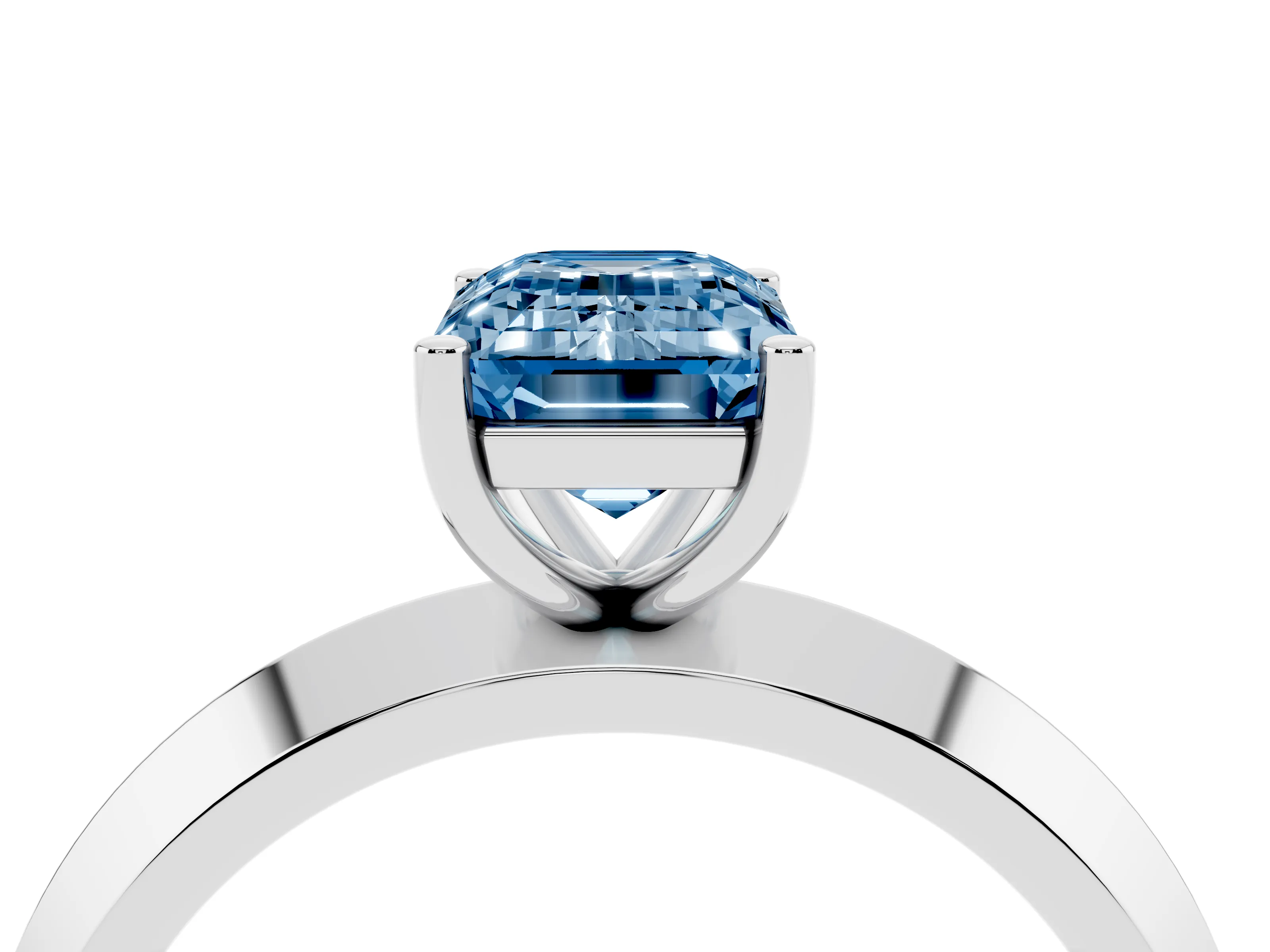 Fancy Blue Emerald Cut Diamond Solitaire Engagement Ring Set in Silver with Flat Band and Prong Setting